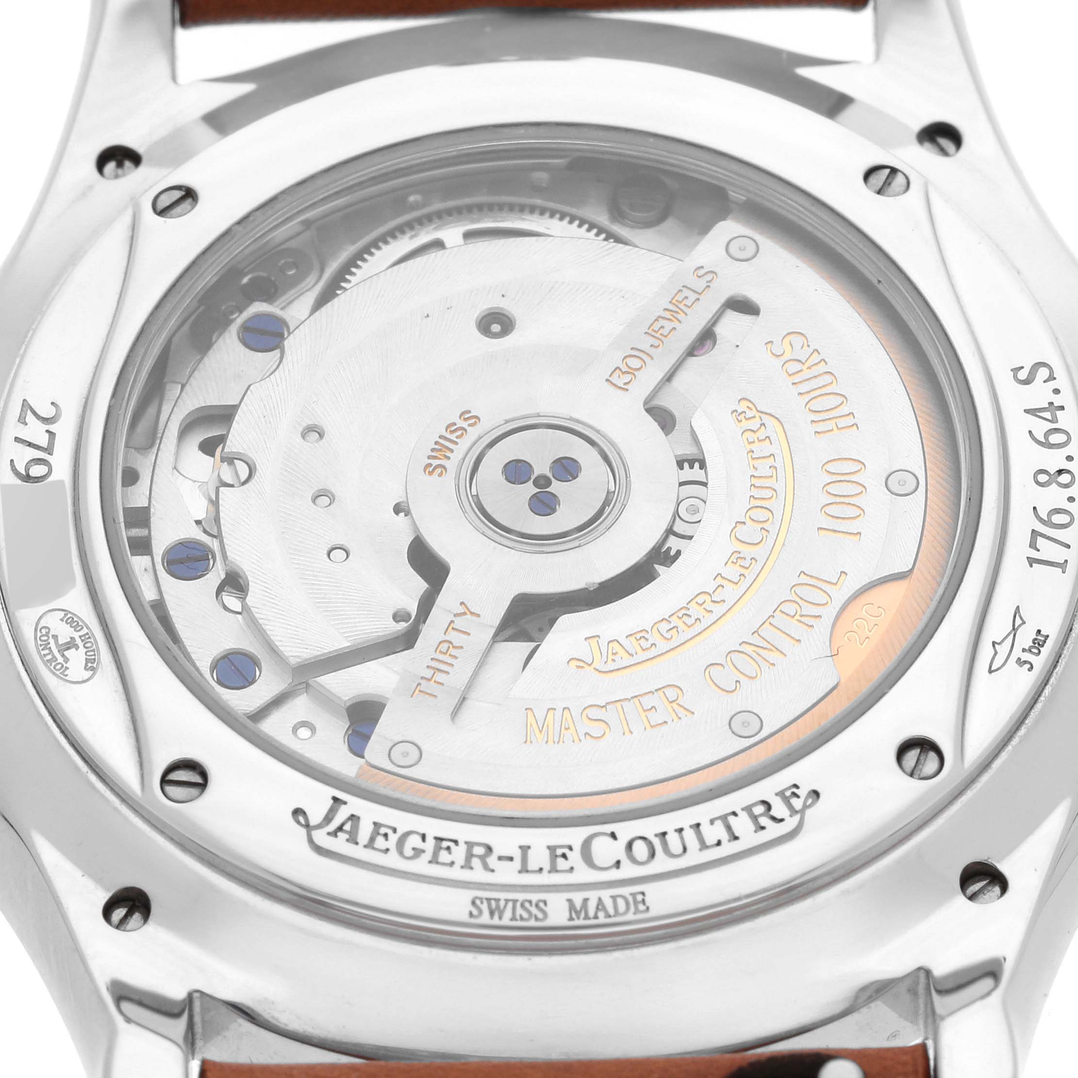 This image shows the back of the Jaeger-LeCoultre Master Control watch, revealing its intricate movement.