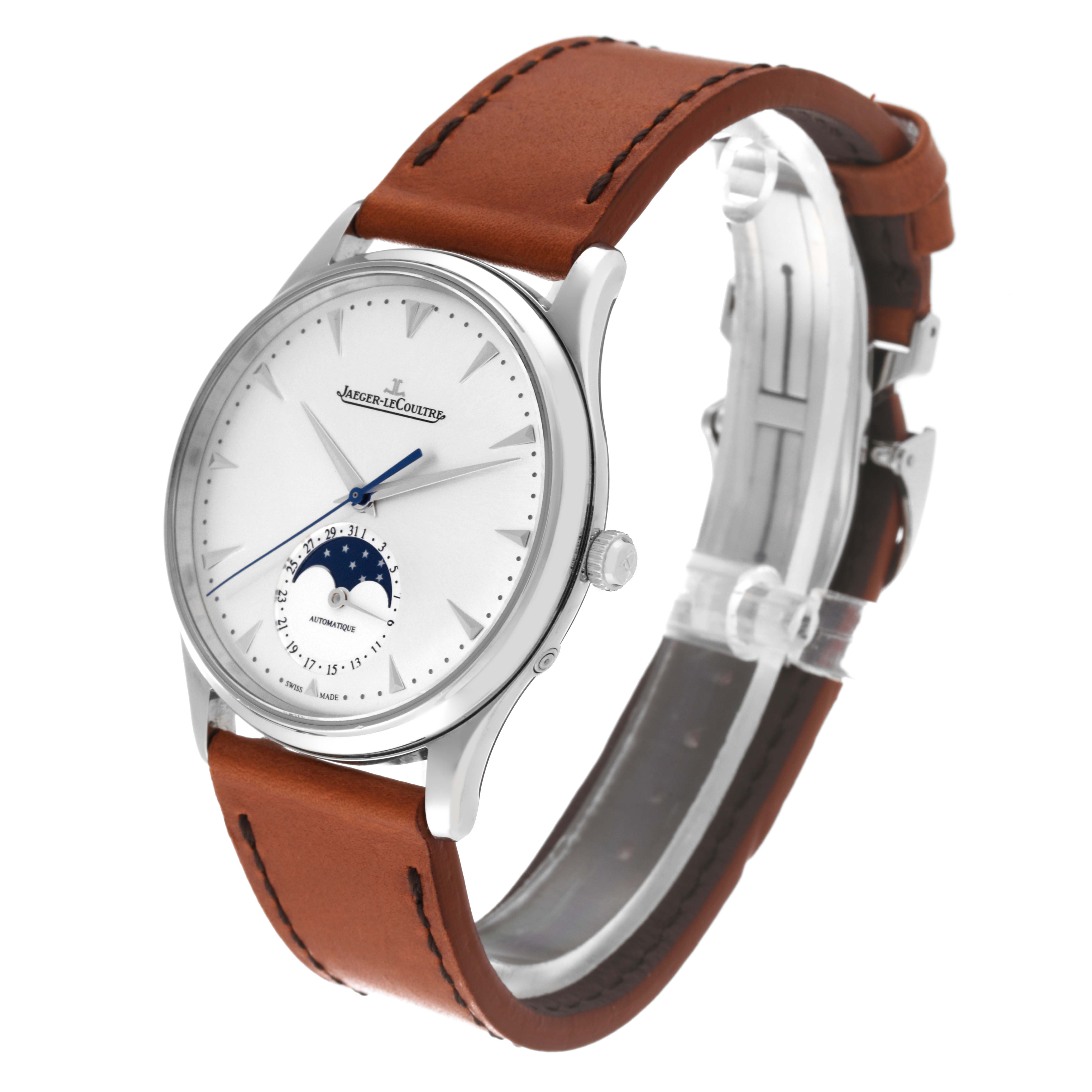 The image shows a Jaeger-LeCoultre Master model watch at a three-quarter angle, highlighting its face, case, and brown leather strap.