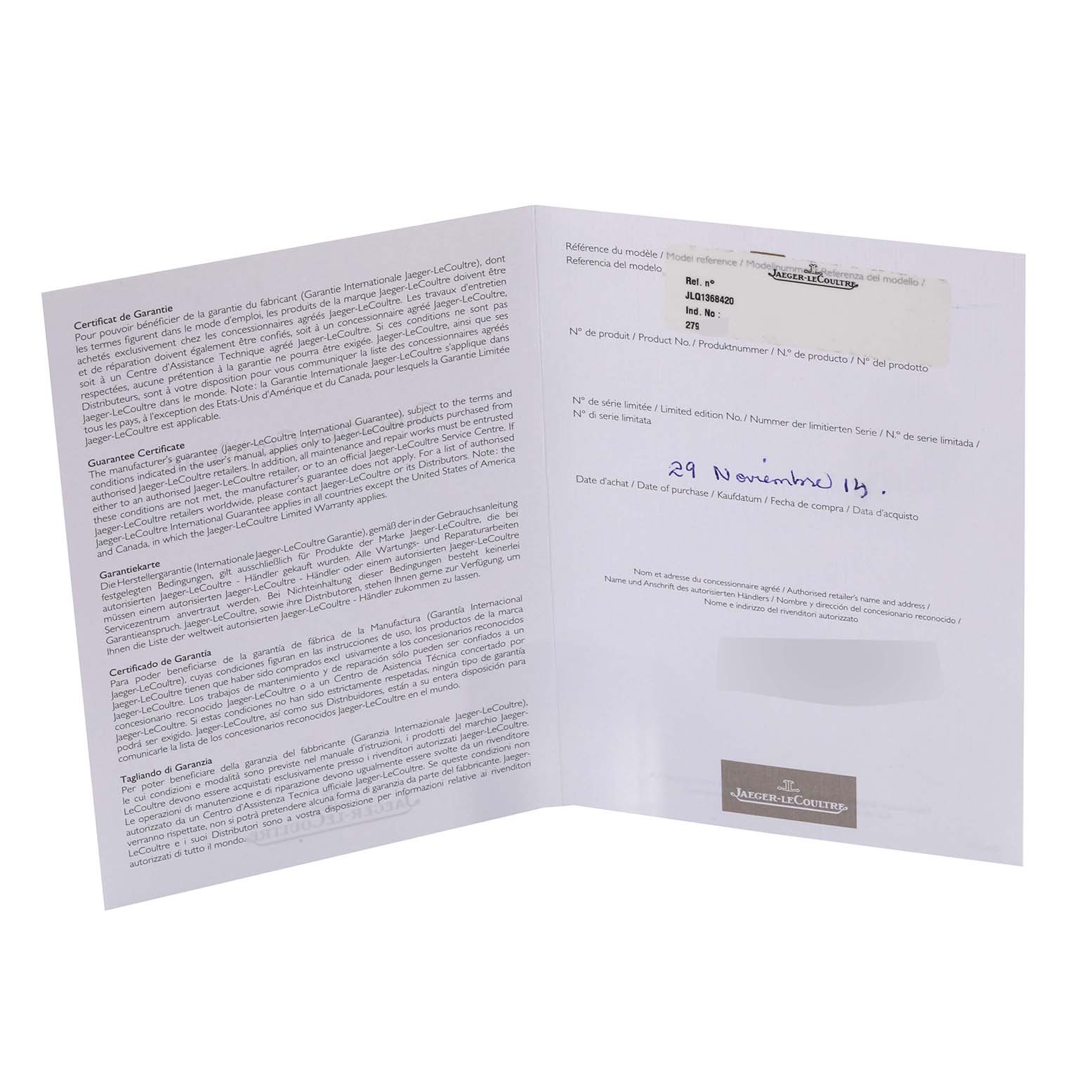 The image shows an open warranty certificate booklet for the Jaeger-LeCoultre Master model watch.