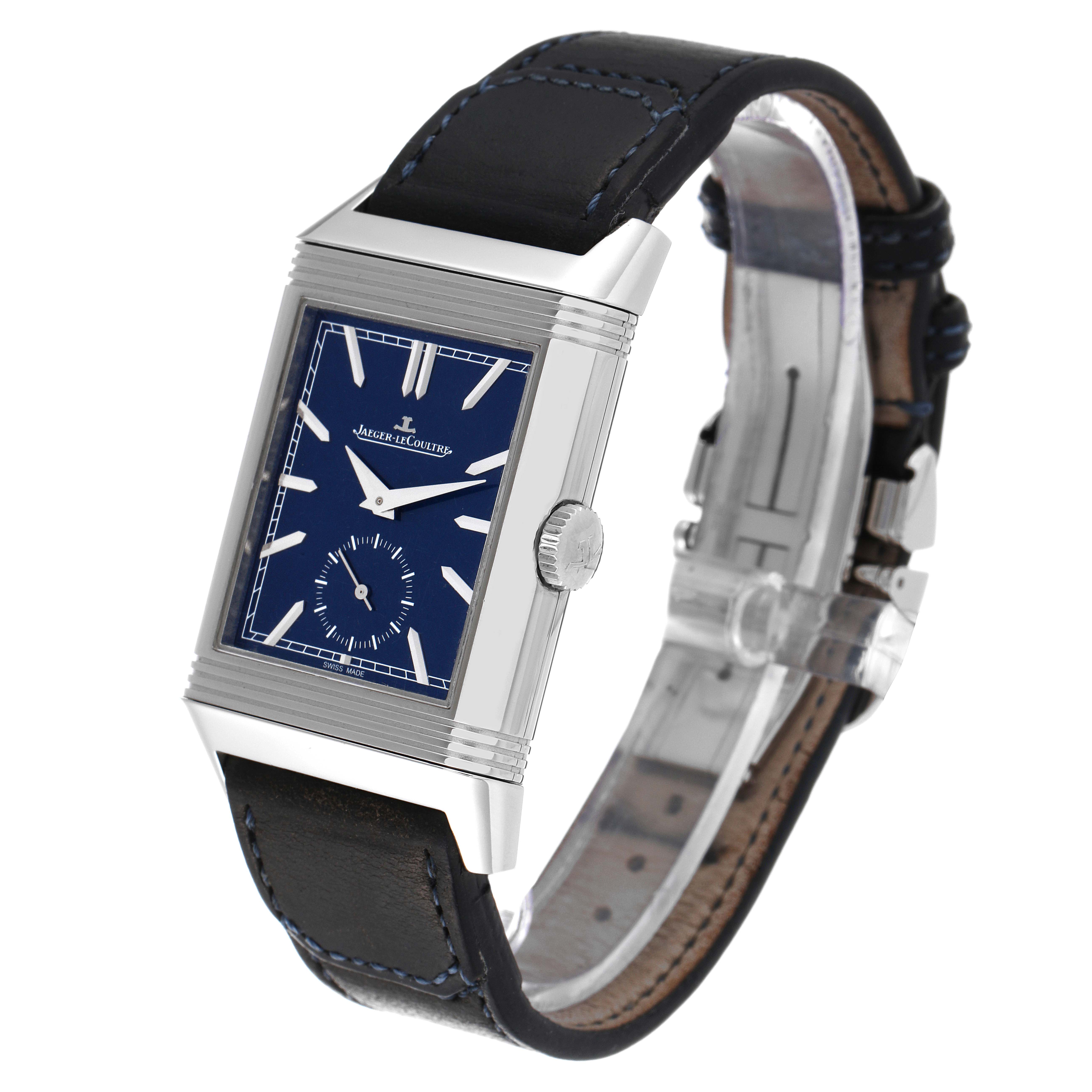 The image shows a Jaeger LeCoultre Reverso Q3988482 Men's Stainless Steel Blue Dial Q3988482 Men's Stainless Steel Blue Dial watch from a front angle, highlighting the dial, crown, and leather strap.