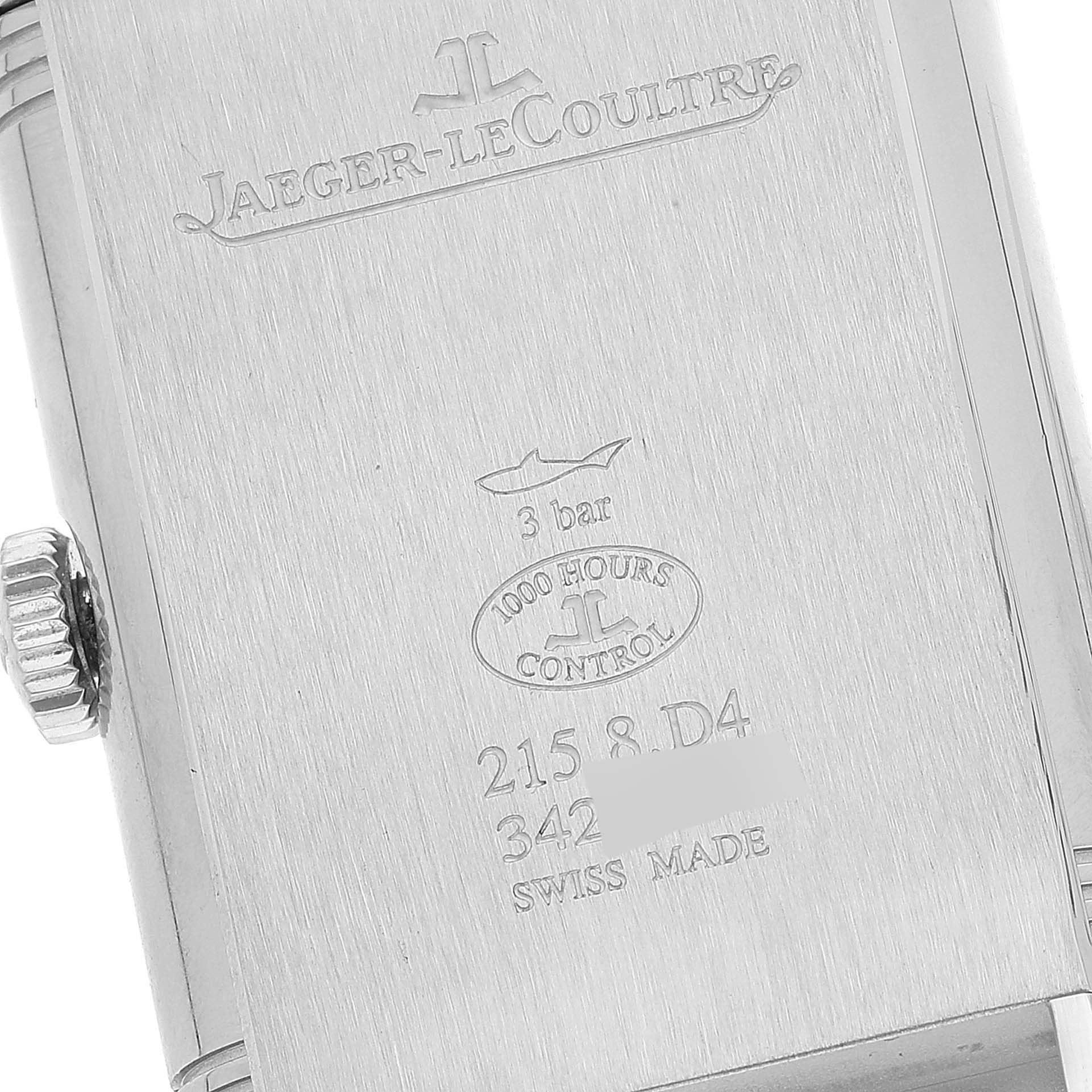 This image shows the back case of a Jaeger-LeCoultre Reverso watch, highlighting the brand engraving, water resistance, and control marks.