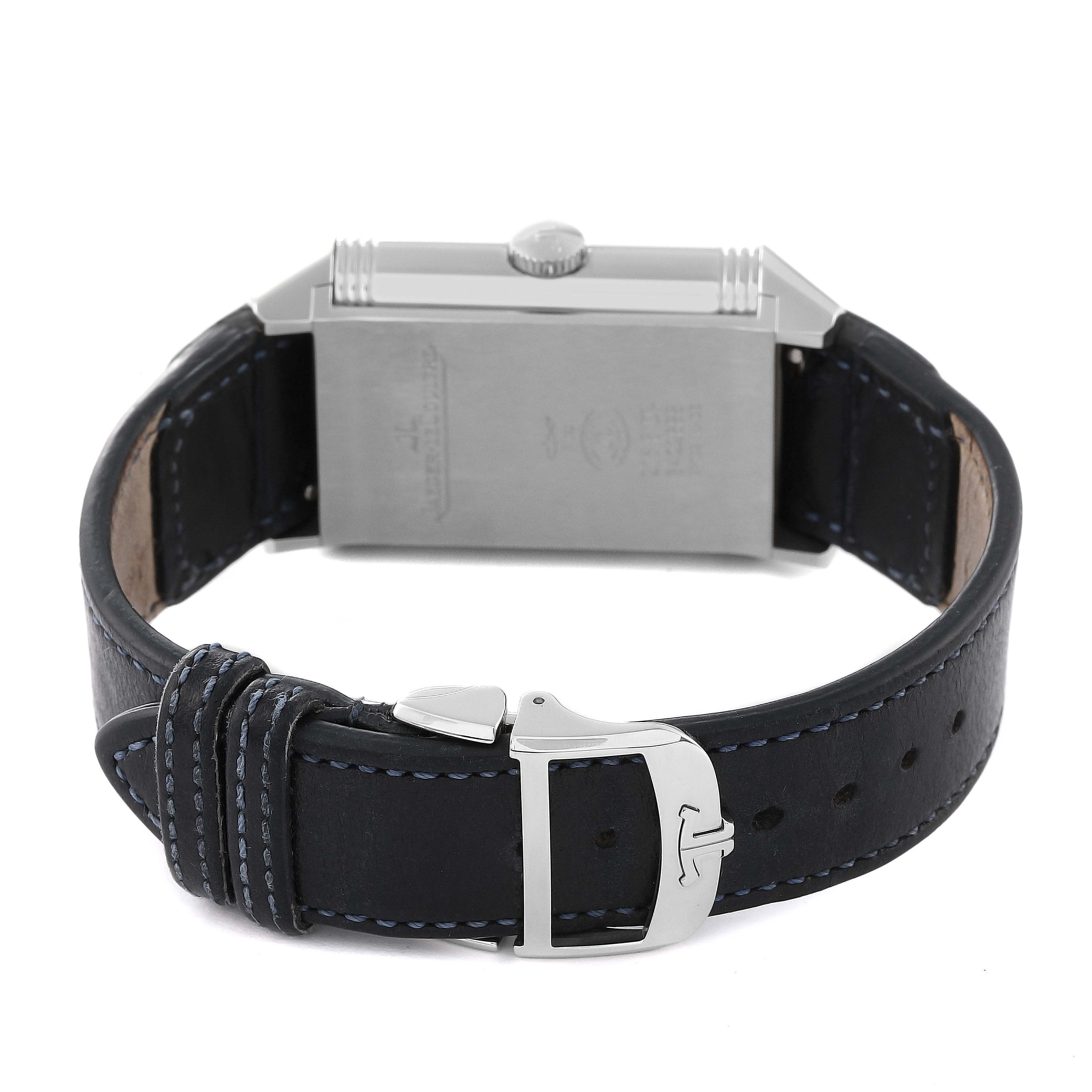 This image shows the back and side of the Jaeger LeCoultre Reverso Q3988482 Men's Stainless Steel Blue Dial Q3988482 Men's Stainless Steel Blue Dial watch, including the strap and buckle.