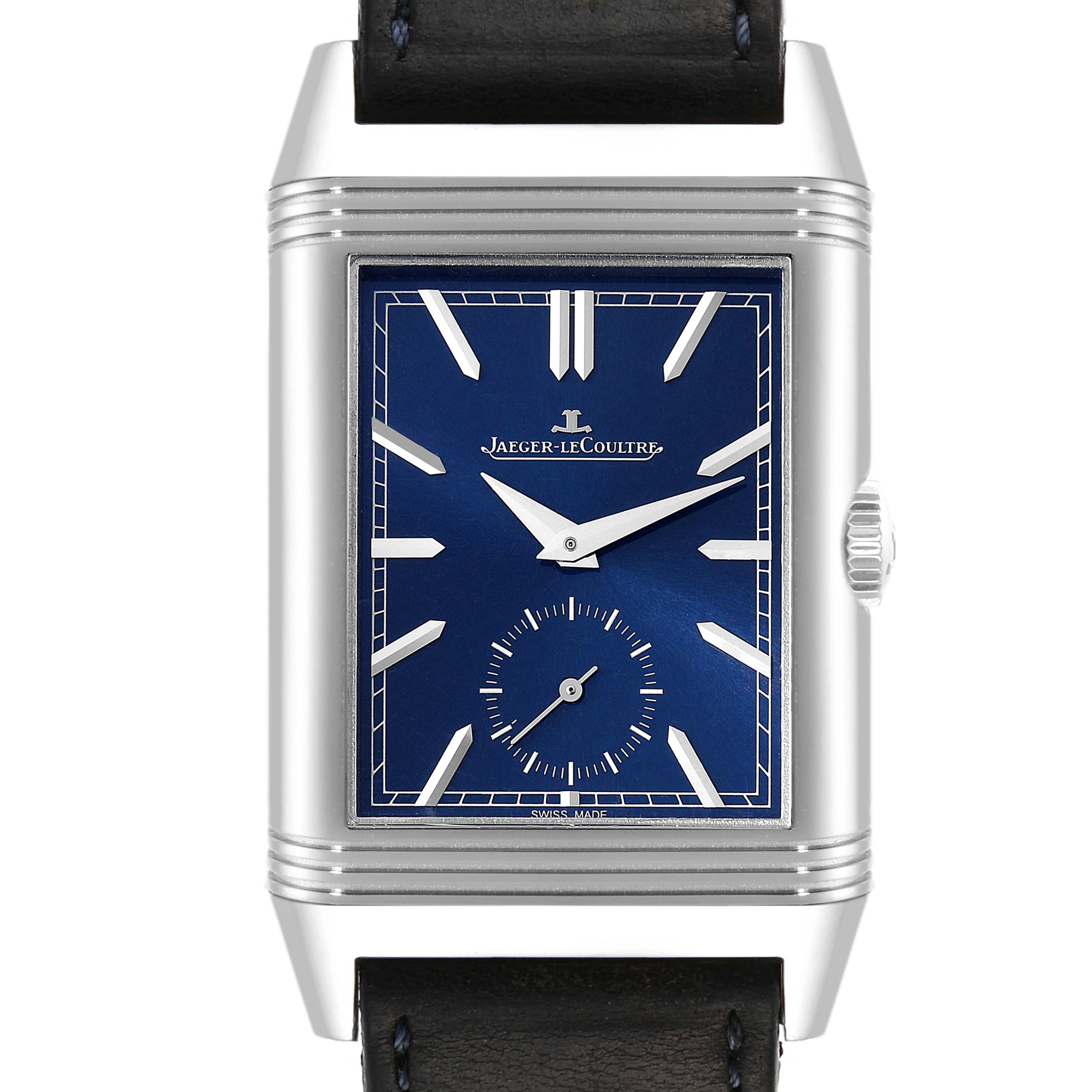 This is a front view of the Jaeger LeCoultre Reverso Q3988482 Men's Stainless Steel Blue Dial Q3988482 Men's Stainless Steel Blue Dial watch showcasing the dial, case, and part of the leather strap.