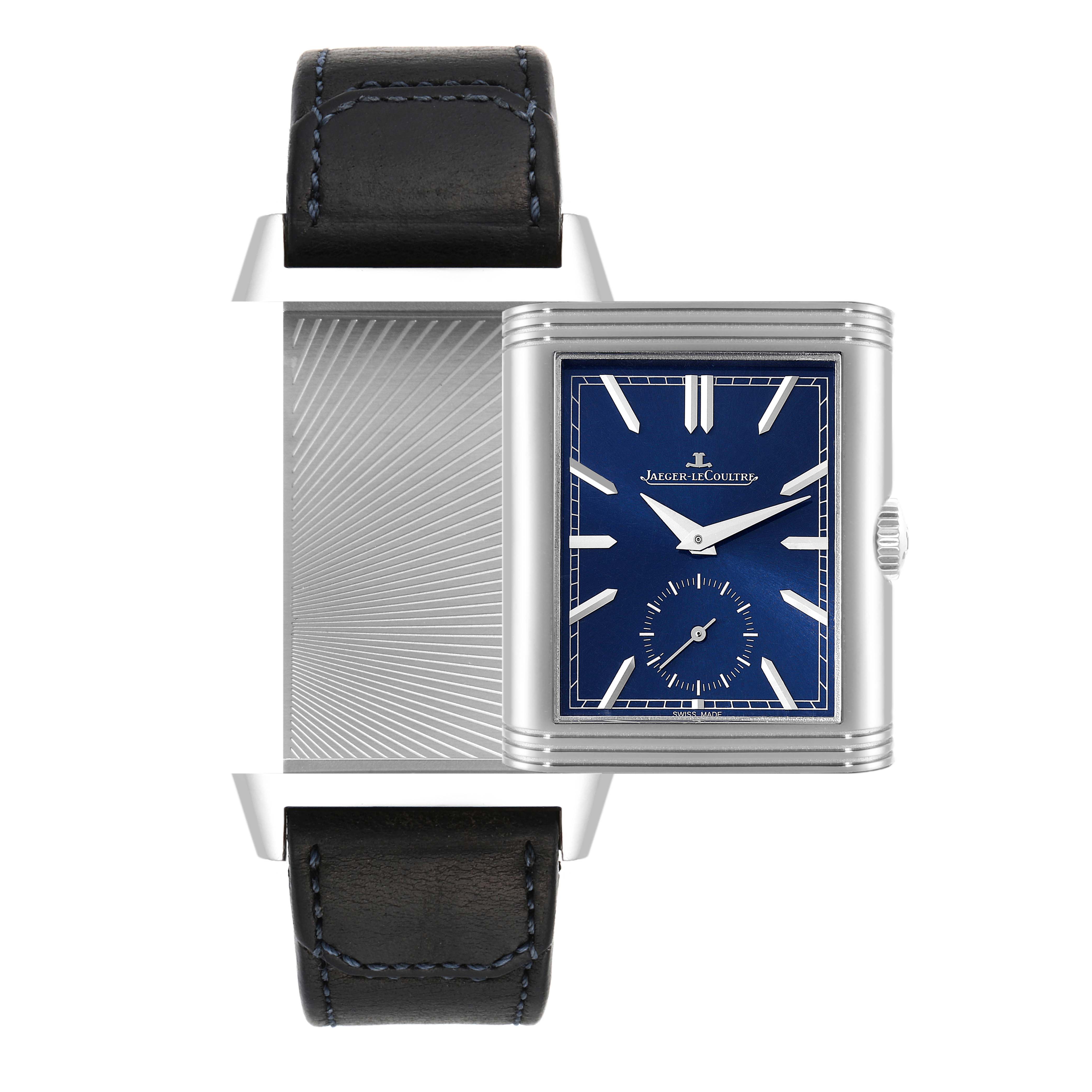 The image shows a Jaeger LeCoultre Reverso Q3988482 Men's Stainless Steel Blue Dial Q3988482 Men's Stainless Steel Blue Dial watch from a front angle, displaying both the face and the reverse side, with a black leather strap.
