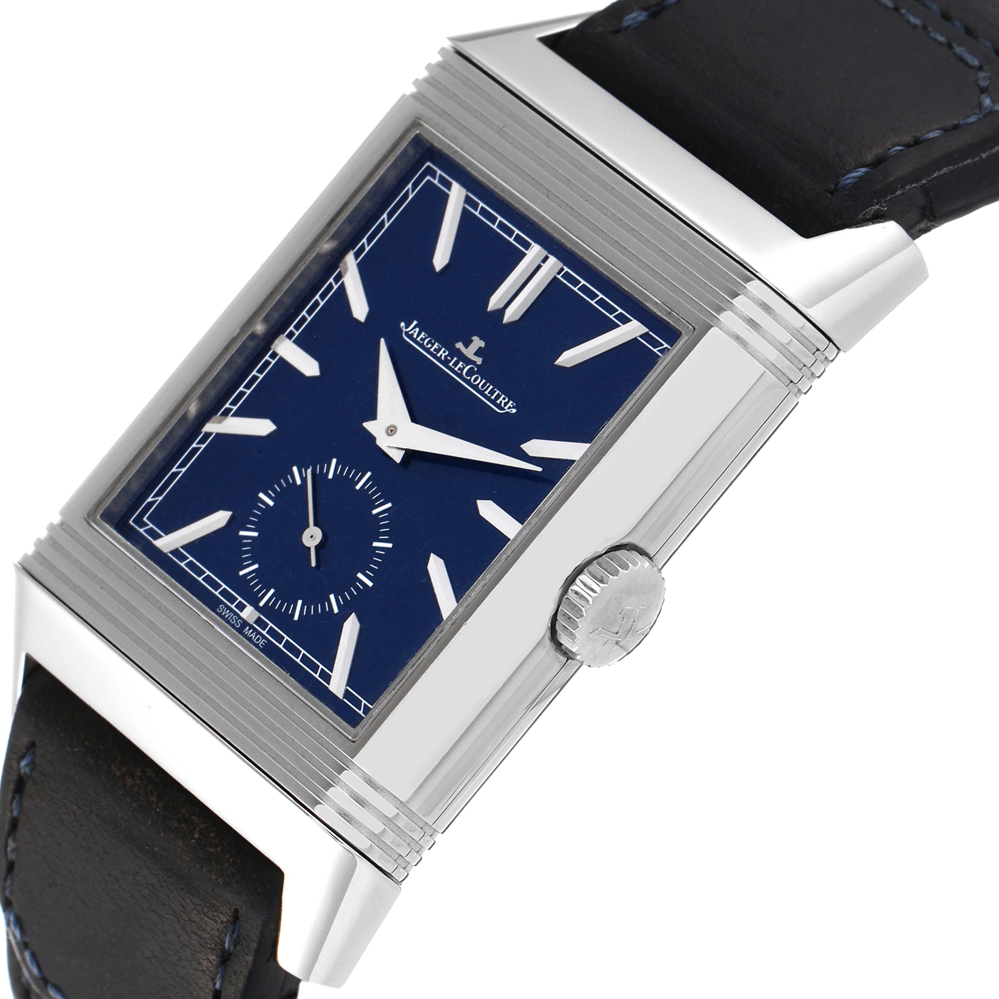The image shows a close-up side angle of the Jaeger LeCoultre Reverso Q3988482 Men's Stainless Steel Blue Dial Q3988482 Men's Stainless Steel Blue Dial watch, highlighting the dial, crown, and part of the strap.