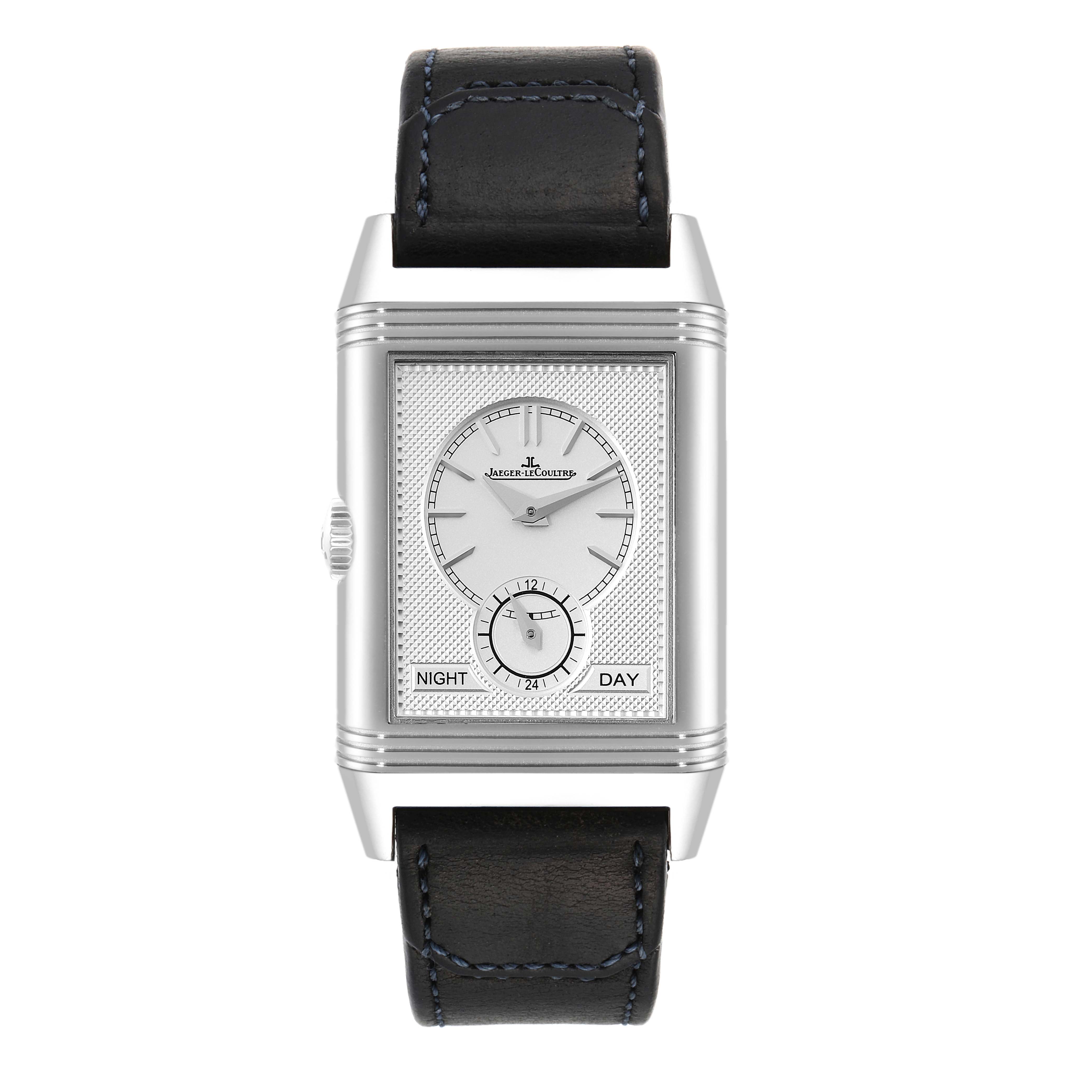 This image shows a frontal view of the Jaeger LeCoultre Reverso Q3988482 Men's Stainless Steel Blue Dial Q3988482 Men's Stainless Steel Blue Dial watch, highlighting its dial and leather strap.