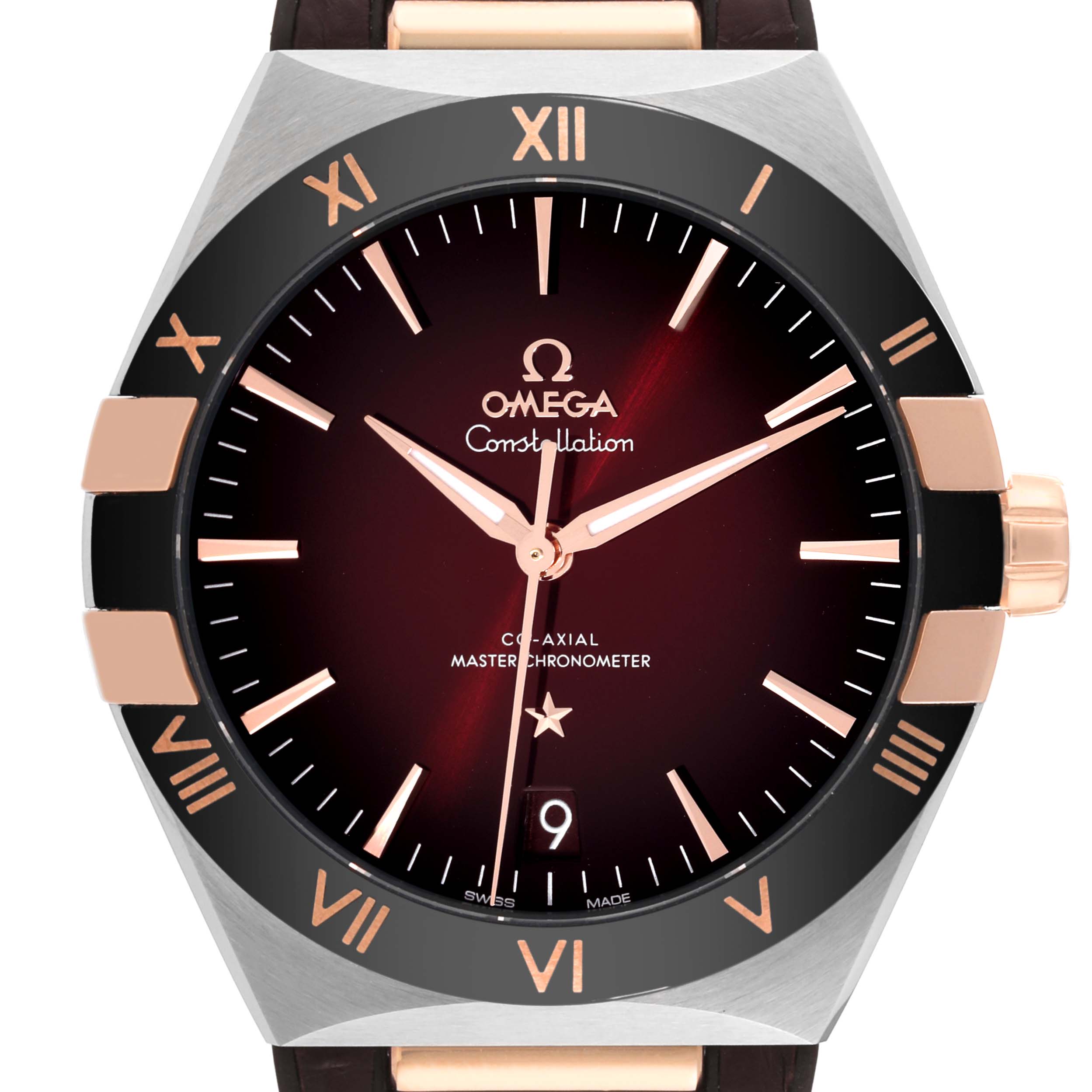 This Omega Constellation 131.23.41.21.11.001 Men
s Steel and Gold (two tone) Red Dial 131.23.41.21.11.001 Men
s Steel and Gold (two tone) Red Dial watch is shown from the front, highlighting its dial, bezel, hands, and markers.