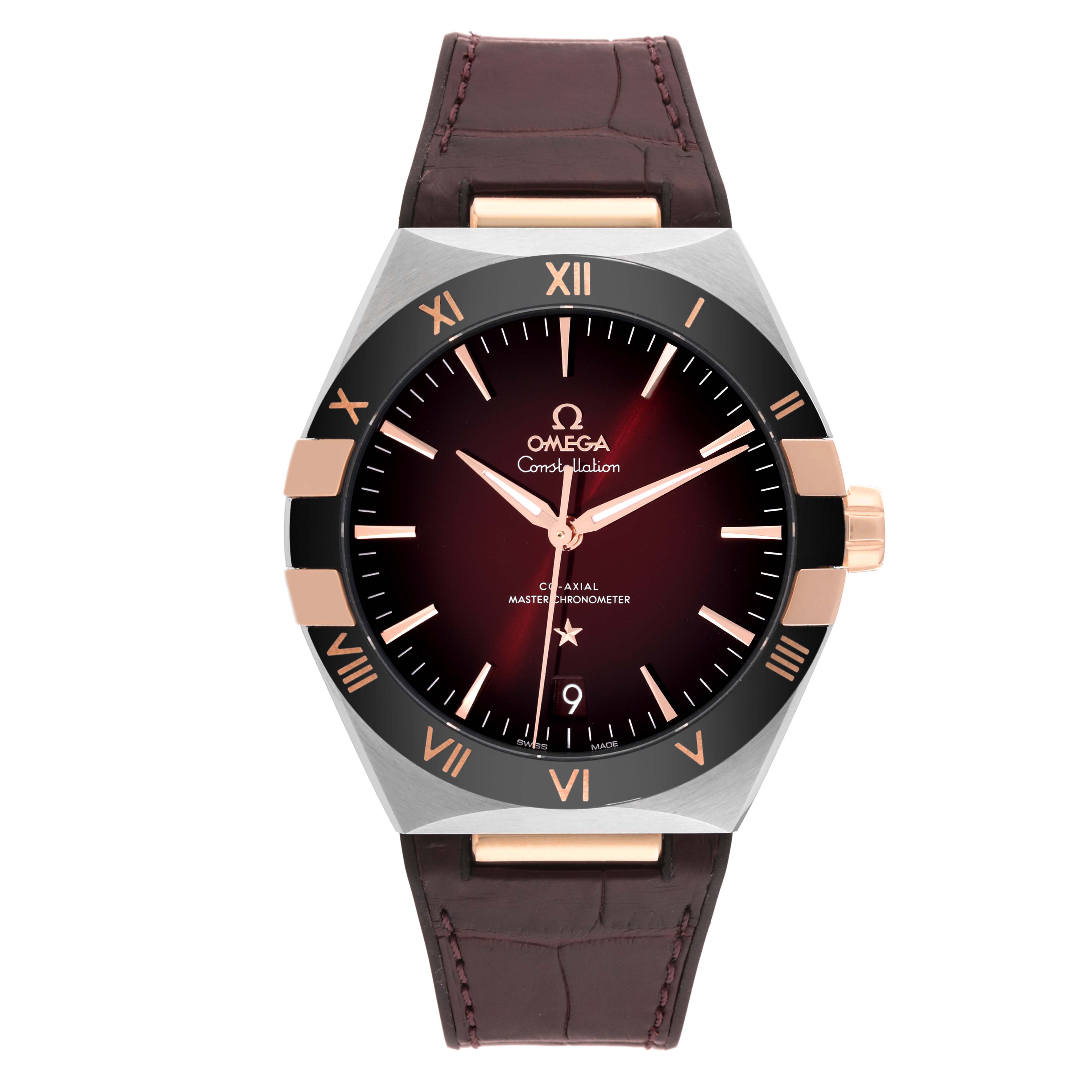 The image shows a front view of an Omega Constellation 131.23.41.21.11.001 Men
s Steel and Gold (two tone) Red Dial 131.23.41.21.11.001 Men
s Steel and Gold (two tone) Red Dial watch with a leather strap and a round dial.