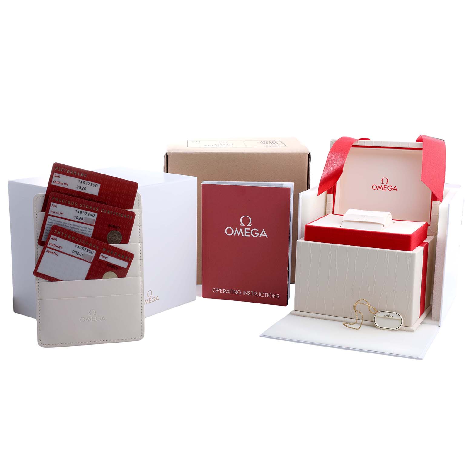 The image shows the Omega 1495.79.00 Women's Stainless Steel Mother of Pearl Dial Constellation Steel Multi Stone MOP Diamond Watch 1495.79.00 with its box, cards, and instruction manual.