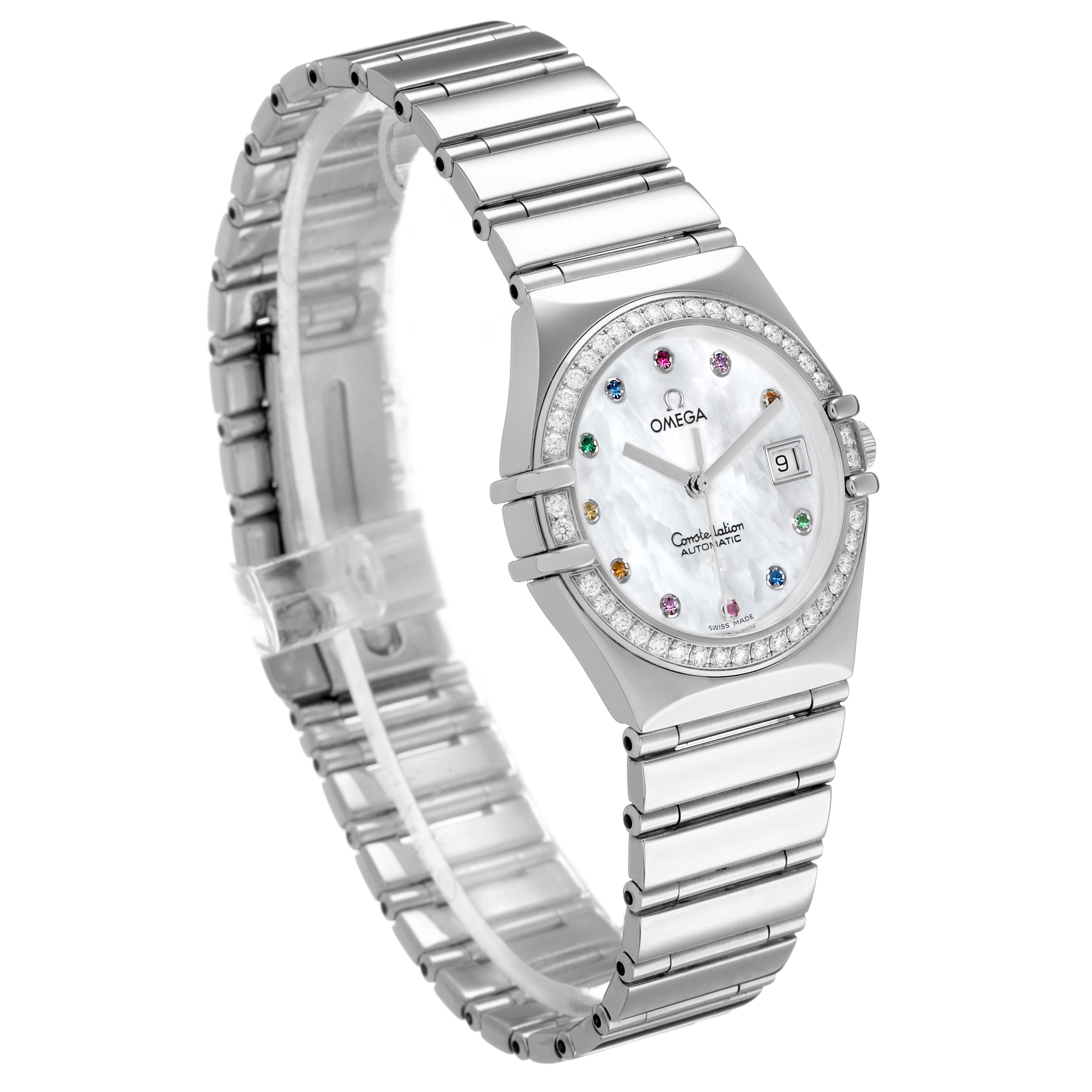 The Constellation Steel Multi Stone MOP Diamond Watch by Omega 1495.79.00 Women's Stainless Steel Mother of Pearl Dial is shown at a three-quarter angle, highlighting the face and bracelet.