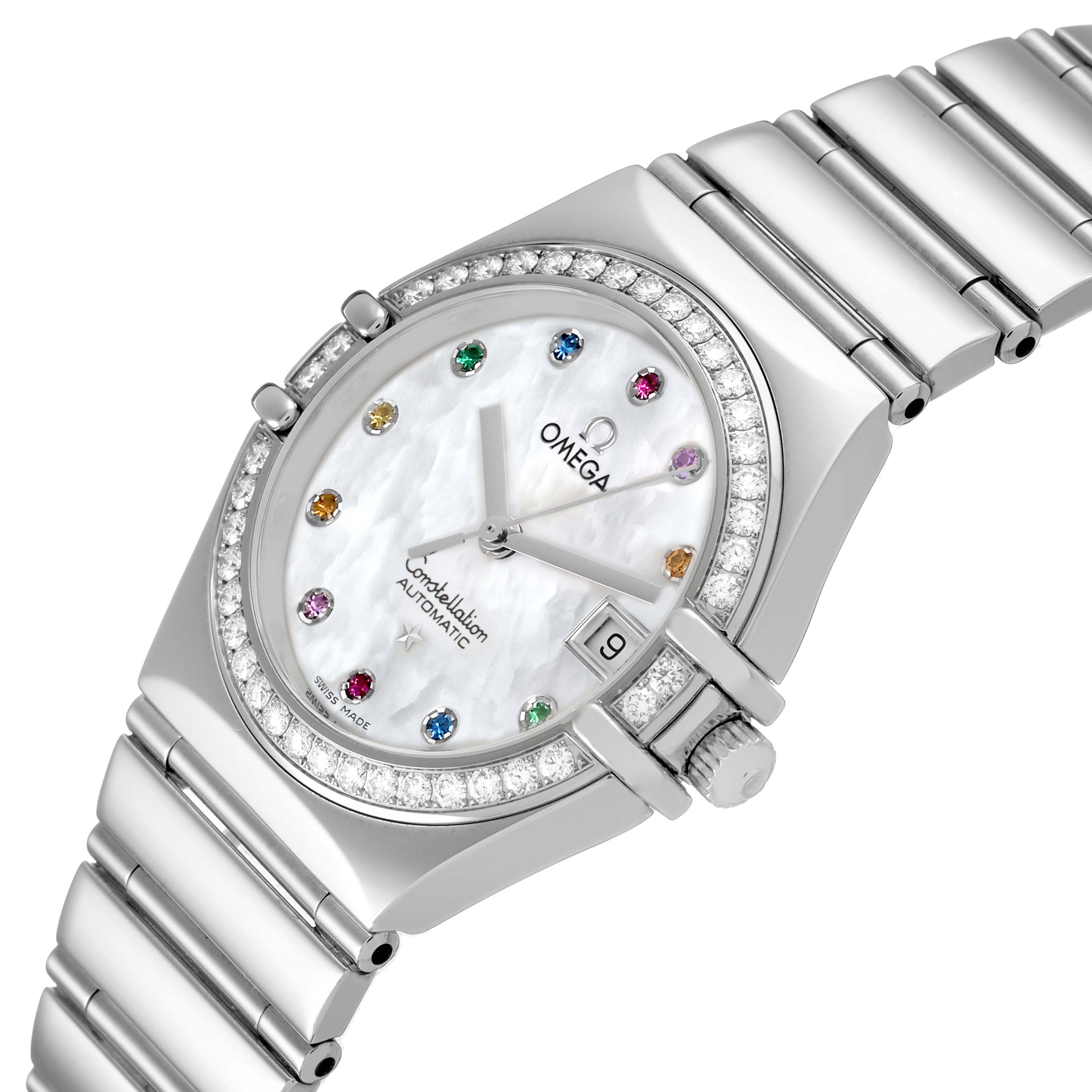 The Omega 1495.79.00 Women's Stainless Steel Mother of Pearl Dial Constellation Steel Multi Stone MOP Diamond Watch is shown at an angled side view, highlighting the dial, bezel, and bracelet.