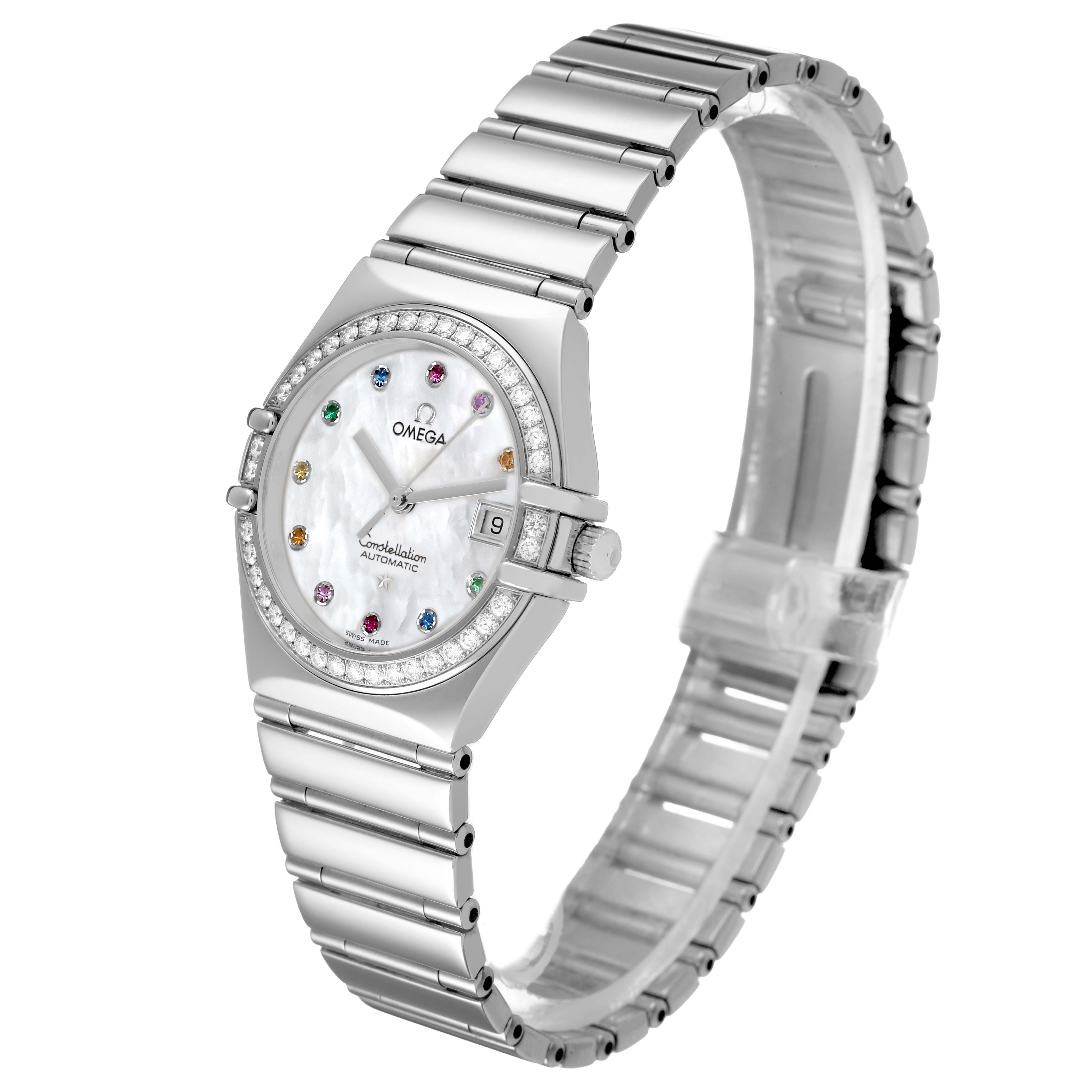 The Omega 1495.79.00 Women's Stainless Steel Mother of Pearl Dial Constellation Steel Multi Stone MOP Diamond Watch 1495.79.00 is shown at a side angle, highlighting the dial, bracelet, and bezel.