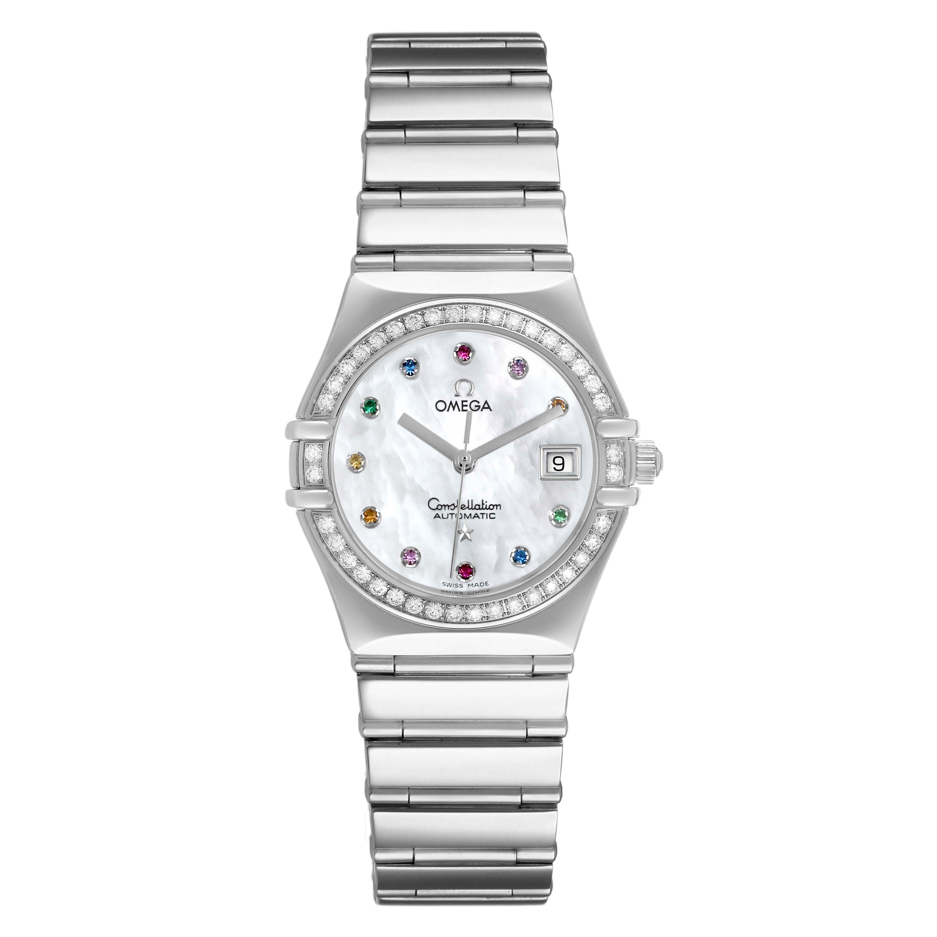 The Omega 1495.79.00 Women's Stainless Steel Mother of Pearl Dial Constellation Steel Multi Stone MOP Diamond Watch 1495.79.00 is shown from above, displaying its face, bezel, and bracelet.