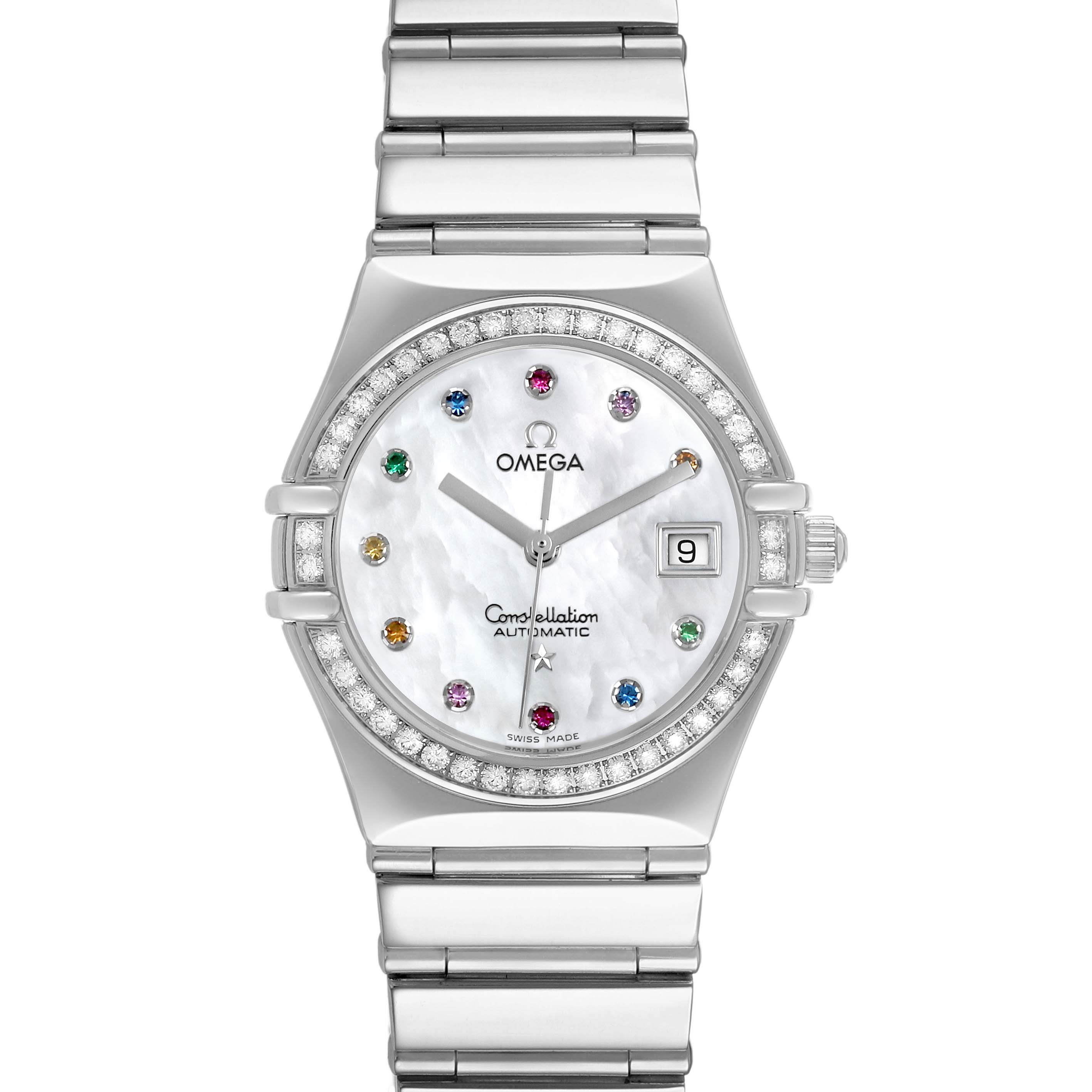 The Omega 1495.79.00 Women's Stainless Steel Mother of Pearl Dial Constellation Steel Multi Stone MOP Diamond Watch 1495.79.00 is shown from the front highlighting the dial and bracelet.