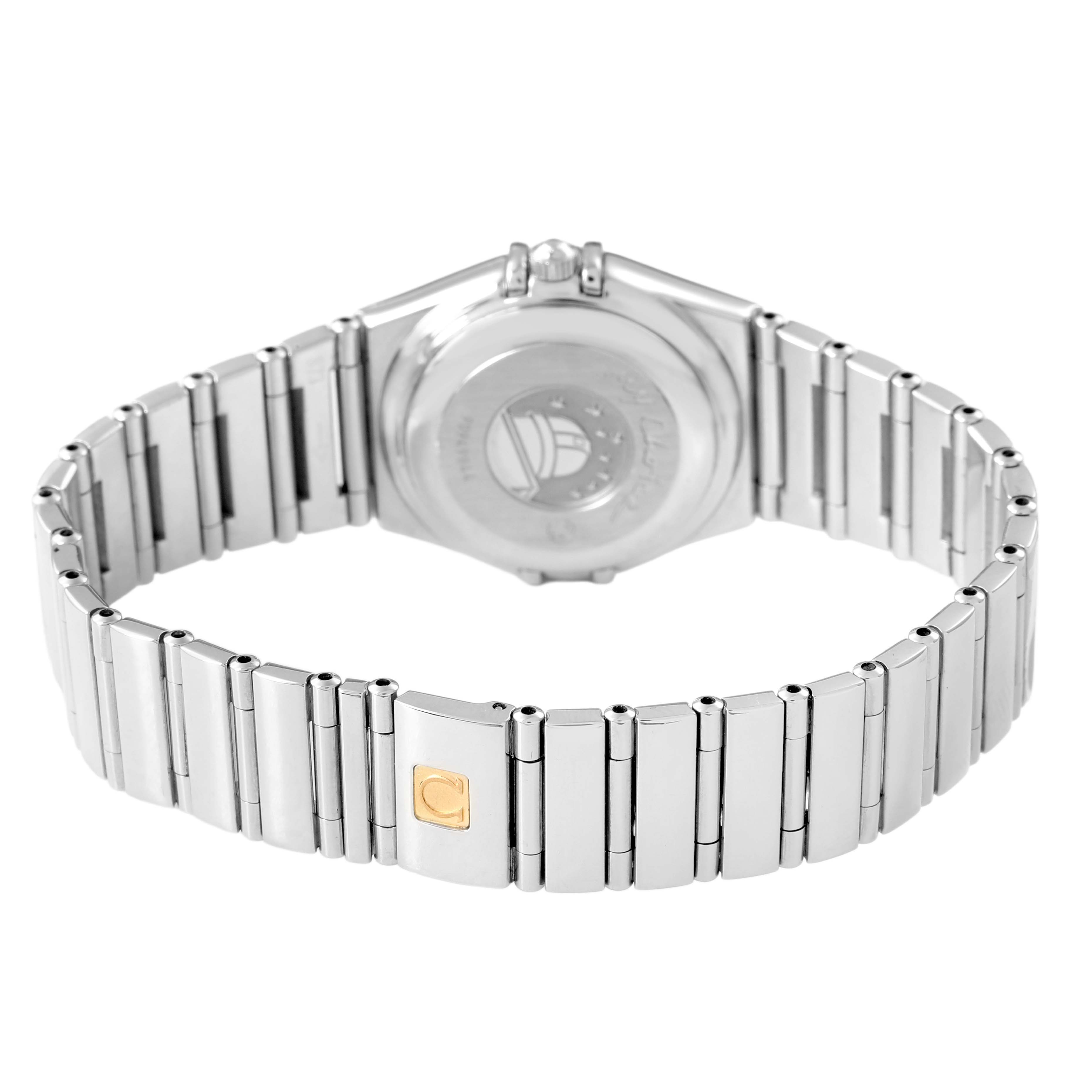 The image shows the back and bracelet of the Omega 1495.79.00 Women's Stainless Steel Mother of Pearl Dial Constellation Steel Multi Stone MOP Diamond Watch 1495.79.00.