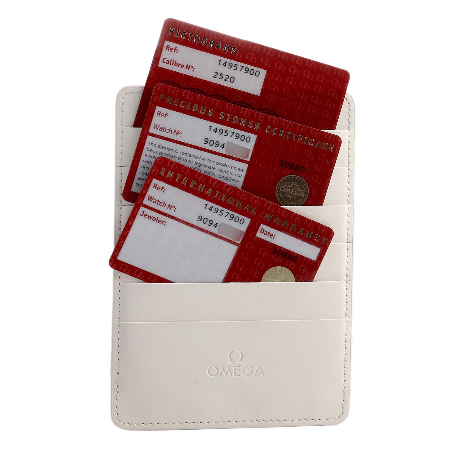 The image shows cards for the Omega 1495.79.00 Women's Stainless Steel Mother of Pearl Dial Constellation Steel Multi Stone MOP Diamond Watch 1495.79.00 in a white cardholder.