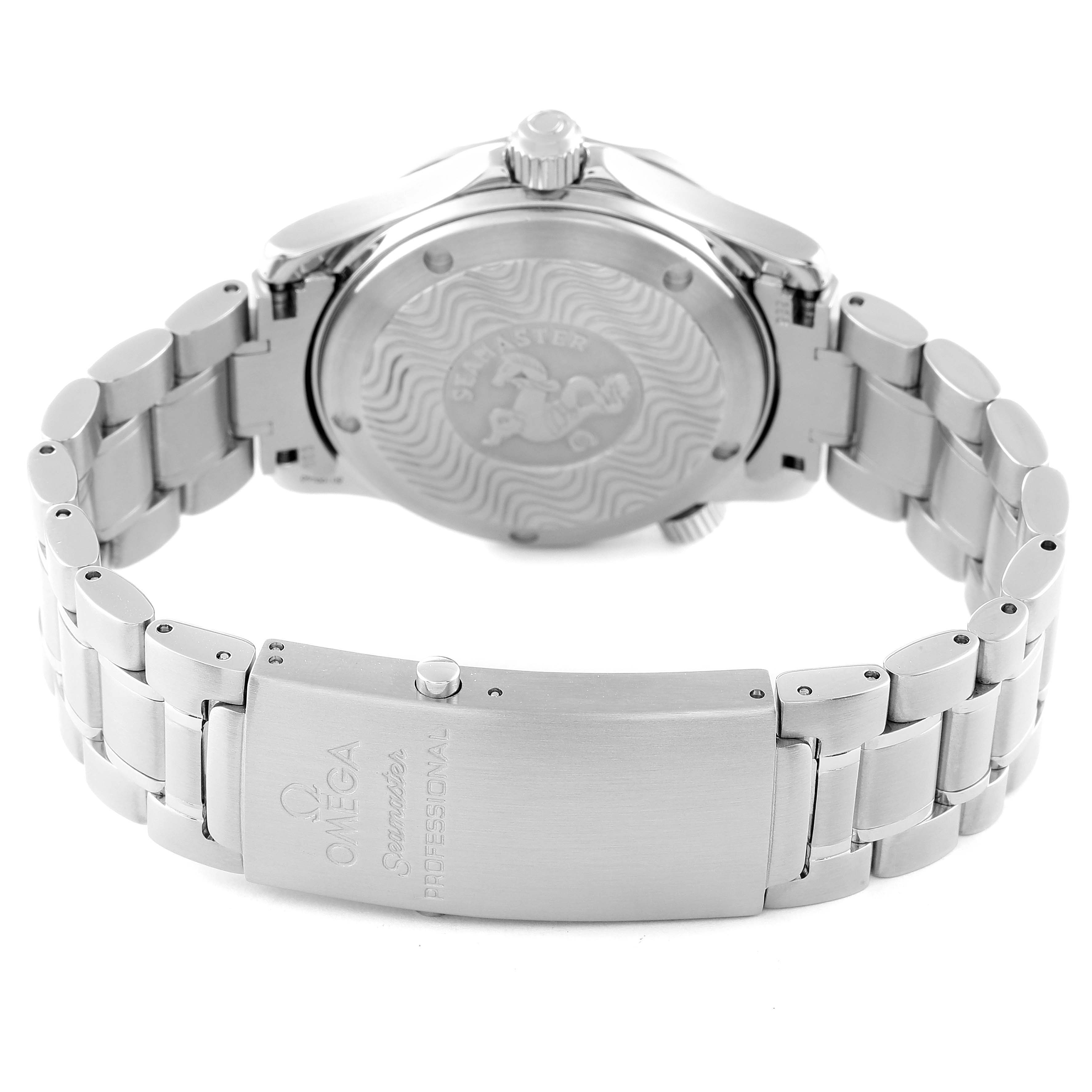 The image shows the back view of an Omega Seamaster 2253.80.00 Men's Stainless Steel Blue Dial 2253.80.00 Men's Stainless Steel Blue Dial watch, including the case back and stainless steel bracelet with clasp.