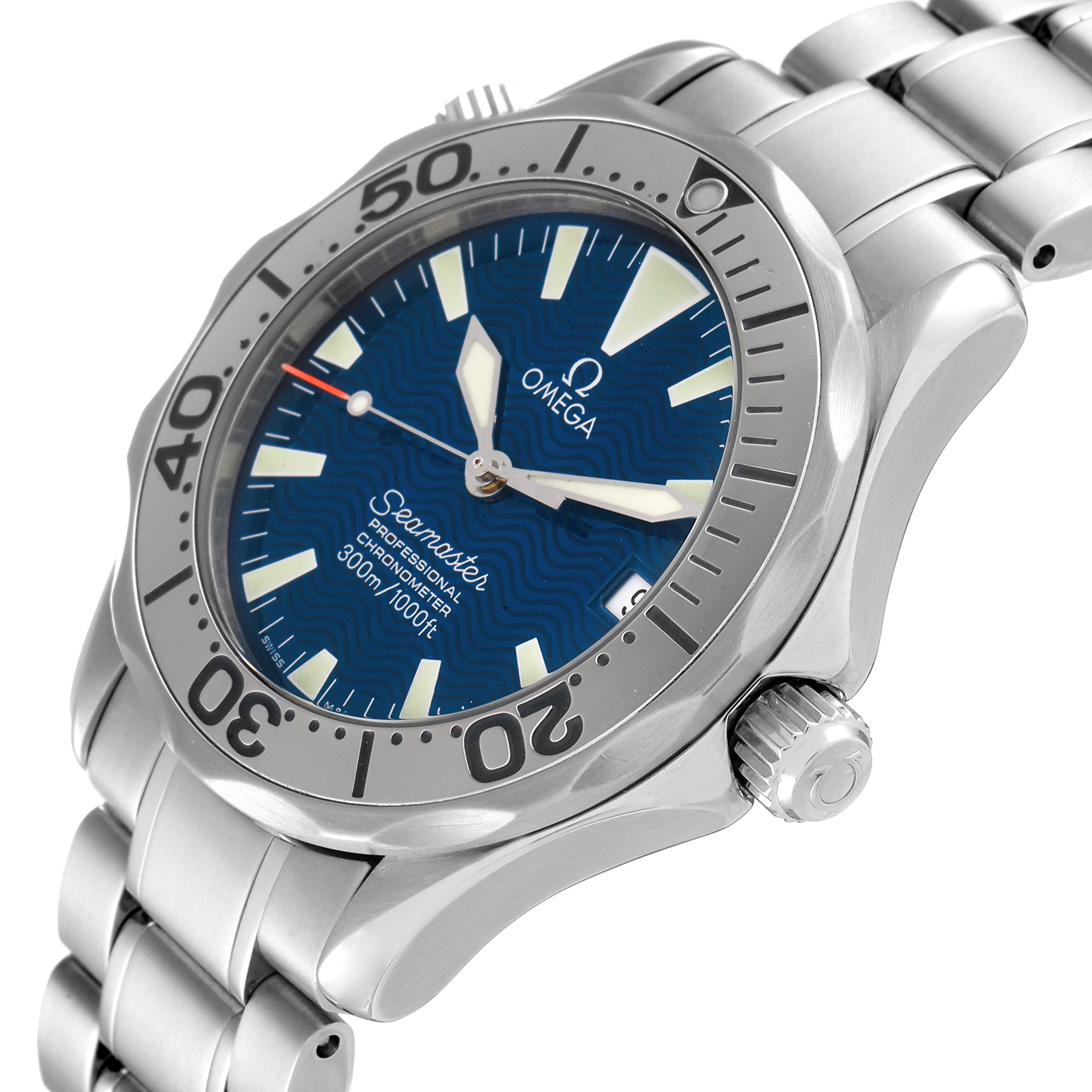 The image shows an angled, close-up view of an Omega Seamaster 2253.80.00 Men's Stainless Steel Blue Dial 2253.80.00 Men's Stainless Steel Blue Dial watch, highlighting the dial, bezel, and stainless steel bracelet.