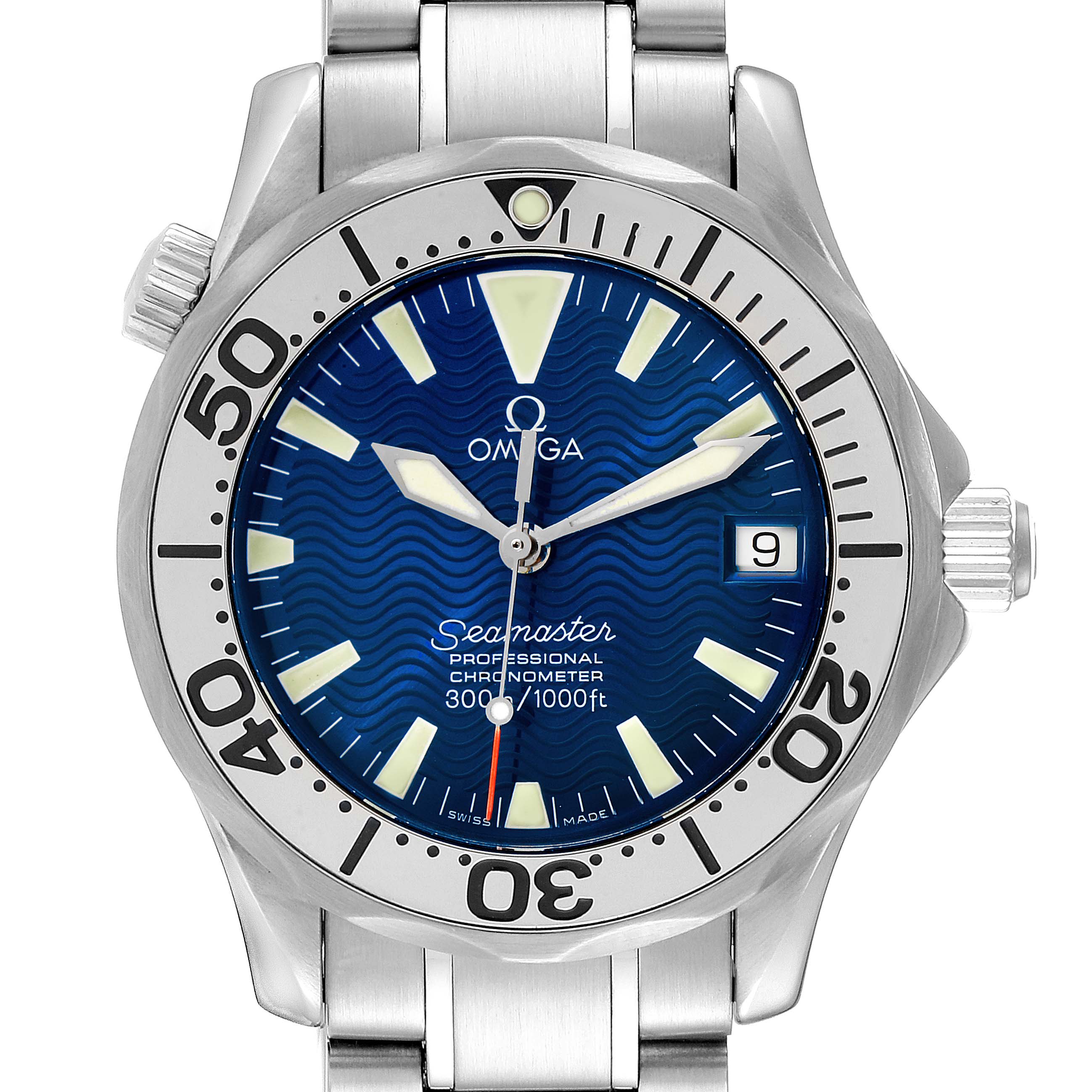 The image shows a front view of the Omega Seamaster 2253.80.00 Men's Stainless Steel Blue Dial 2253.80.00 Men's Stainless Steel Blue Dial watch, highlighting its blue dial, bezel, and stainless steel bracelet.