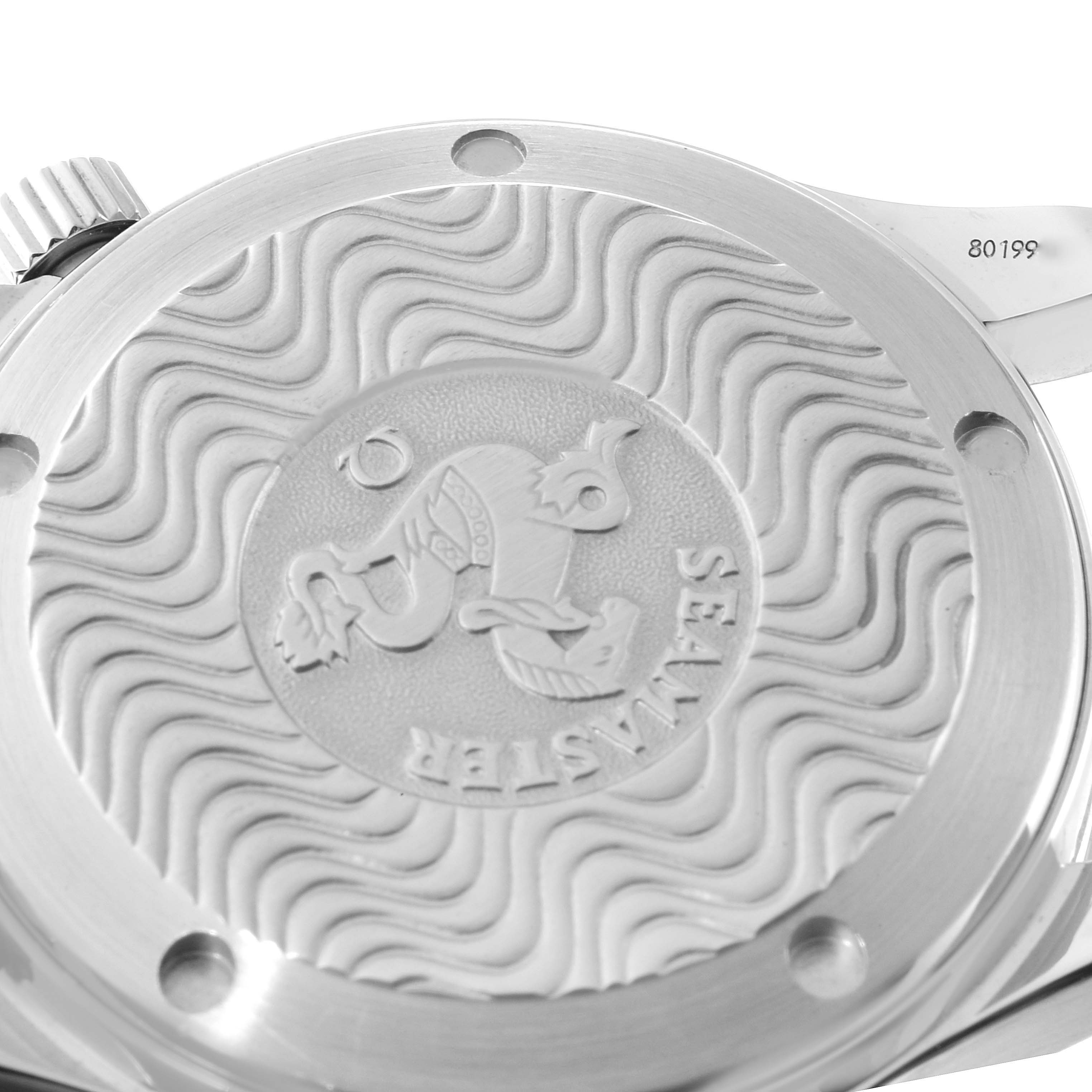 The image shows the engraved case back with the logo and crown partially visible of an Omega Seamaster 2253.80.00 Men's Stainless Steel Blue Dial 2253.80.00 Men's Stainless Steel Blue Dial watch.