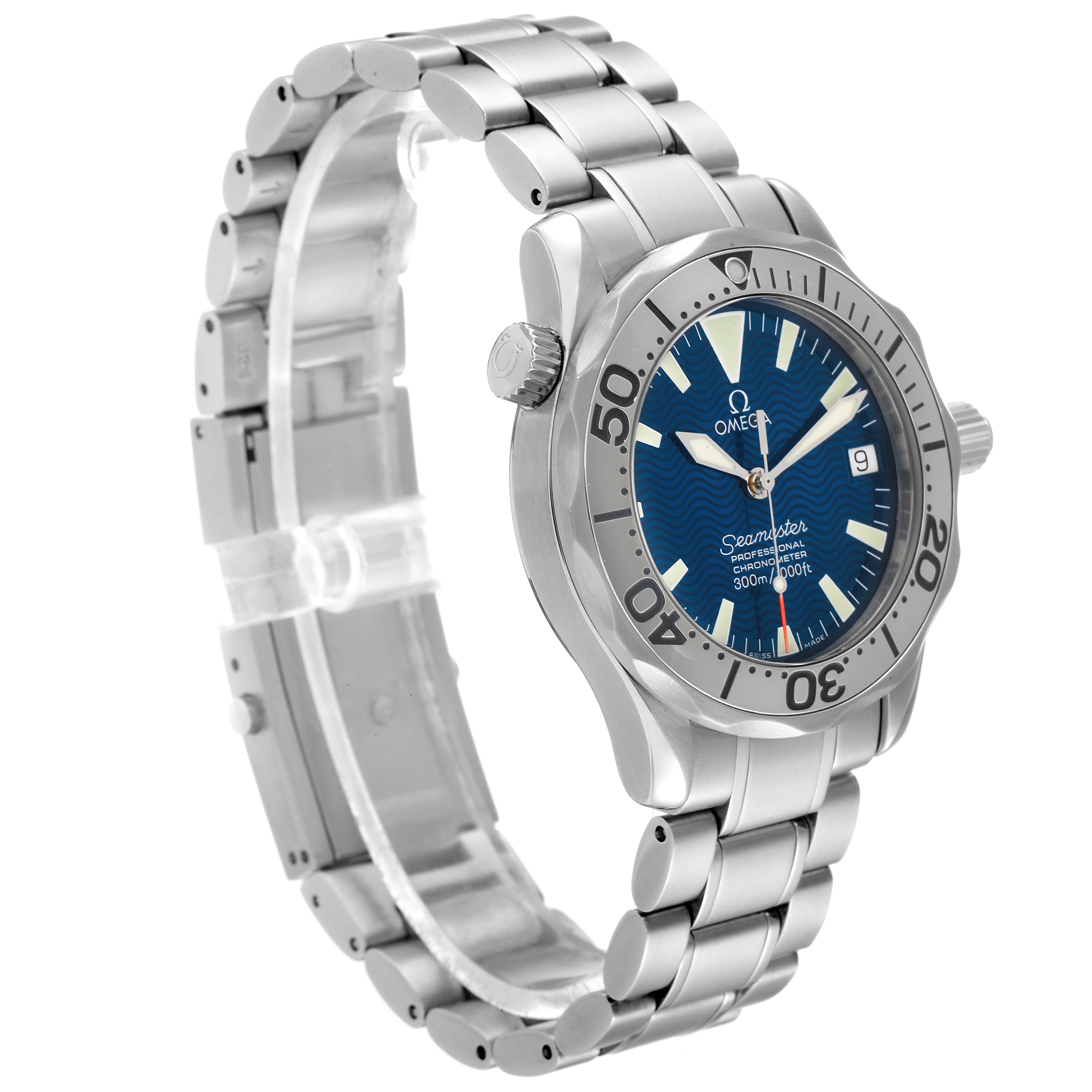 The Omega Seamaster 2253.80.00 Men's Stainless Steel Blue Dial 2253.80.00 Men's Stainless Steel Blue Dial watch is shown at a side angle, highlighting its blue dial, bezel, and stainless steel bracelet.