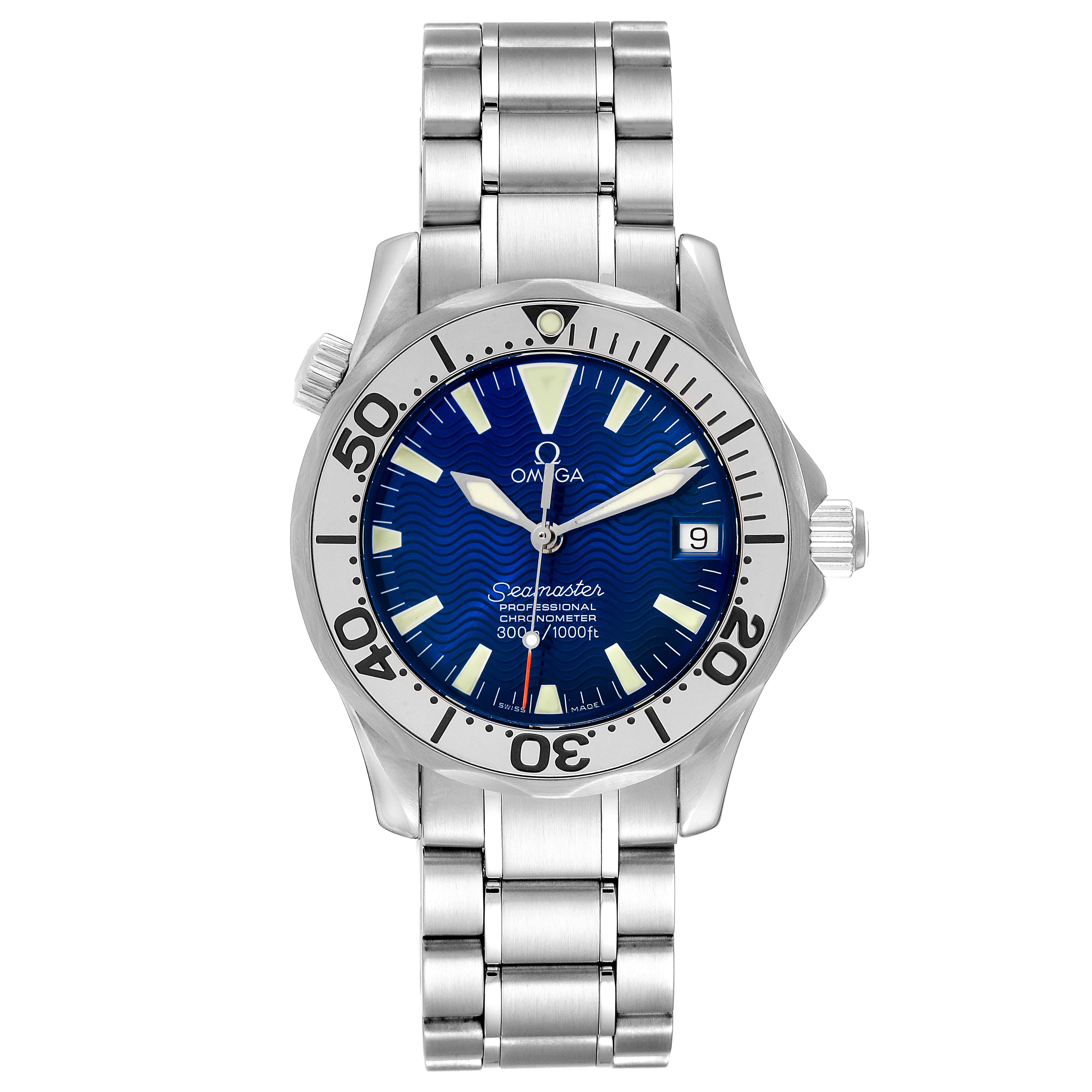 The image shows a front view of an Omega Seamaster 2253.80.00 Men's Stainless Steel Blue Dial 2253.80.00 Men's Stainless Steel Blue Dial watch, displaying the dial, bezel, crown, and stainless steel bracelet.