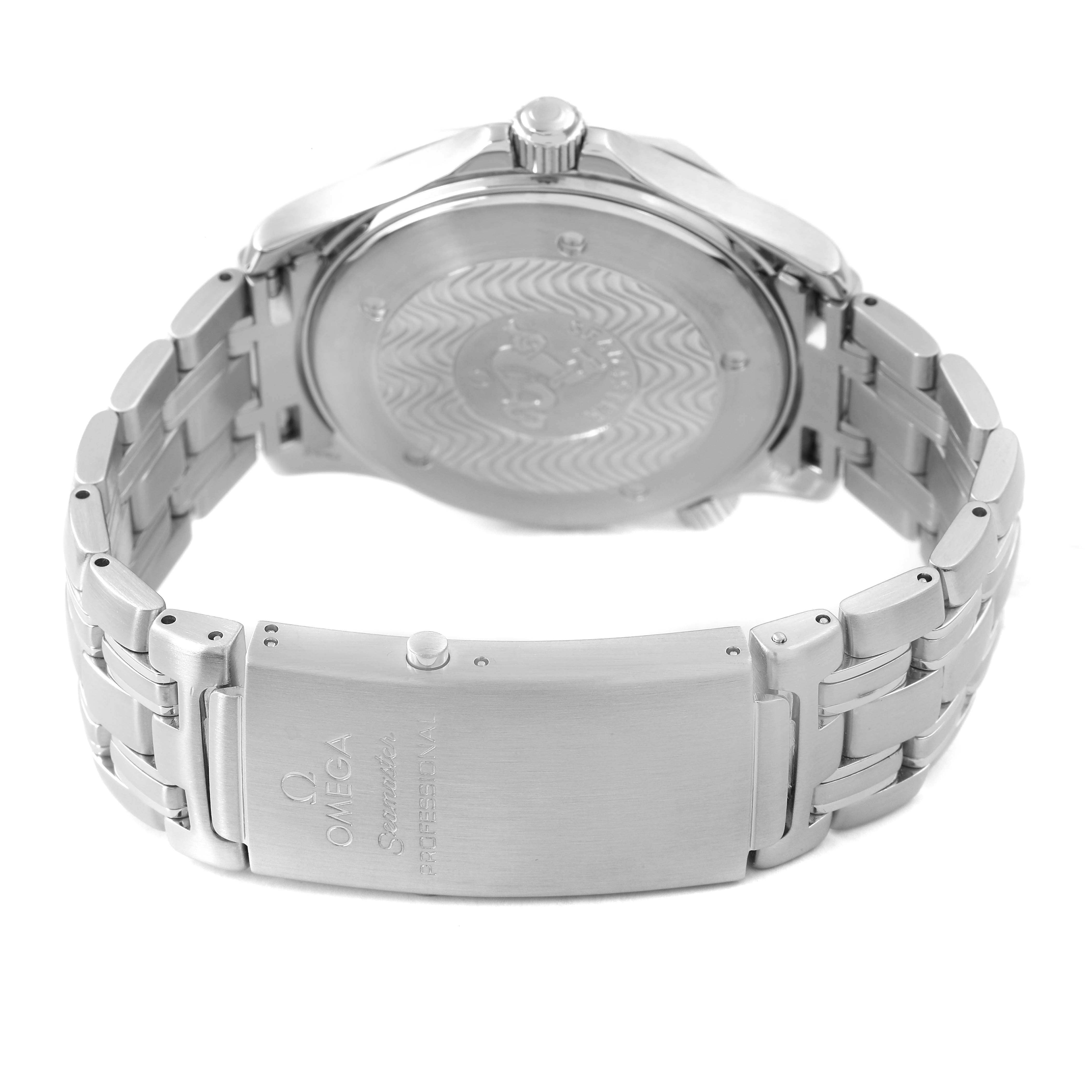 The image shows the back and clasp of the Omega Seamaster 2541.80.00 Men's Stainless Steel Blue Dial watch, highlighting its bracelet and engraved details.