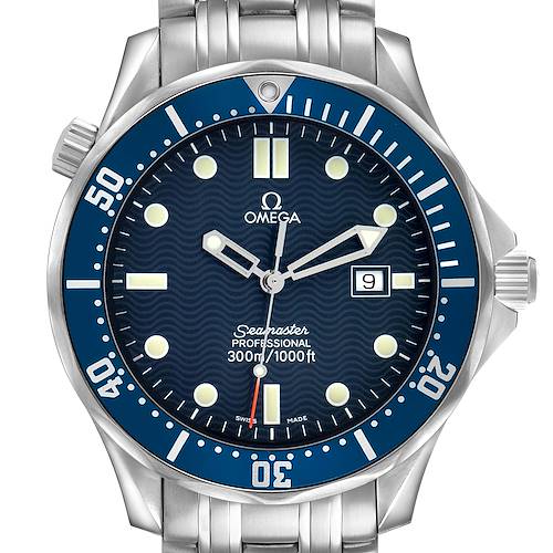 The Omega Seamaster 2541.80.00 Men's Stainless Steel Blue Dial watch is shown from a front angle, displaying its dial, bezel, and part of the bracelet.