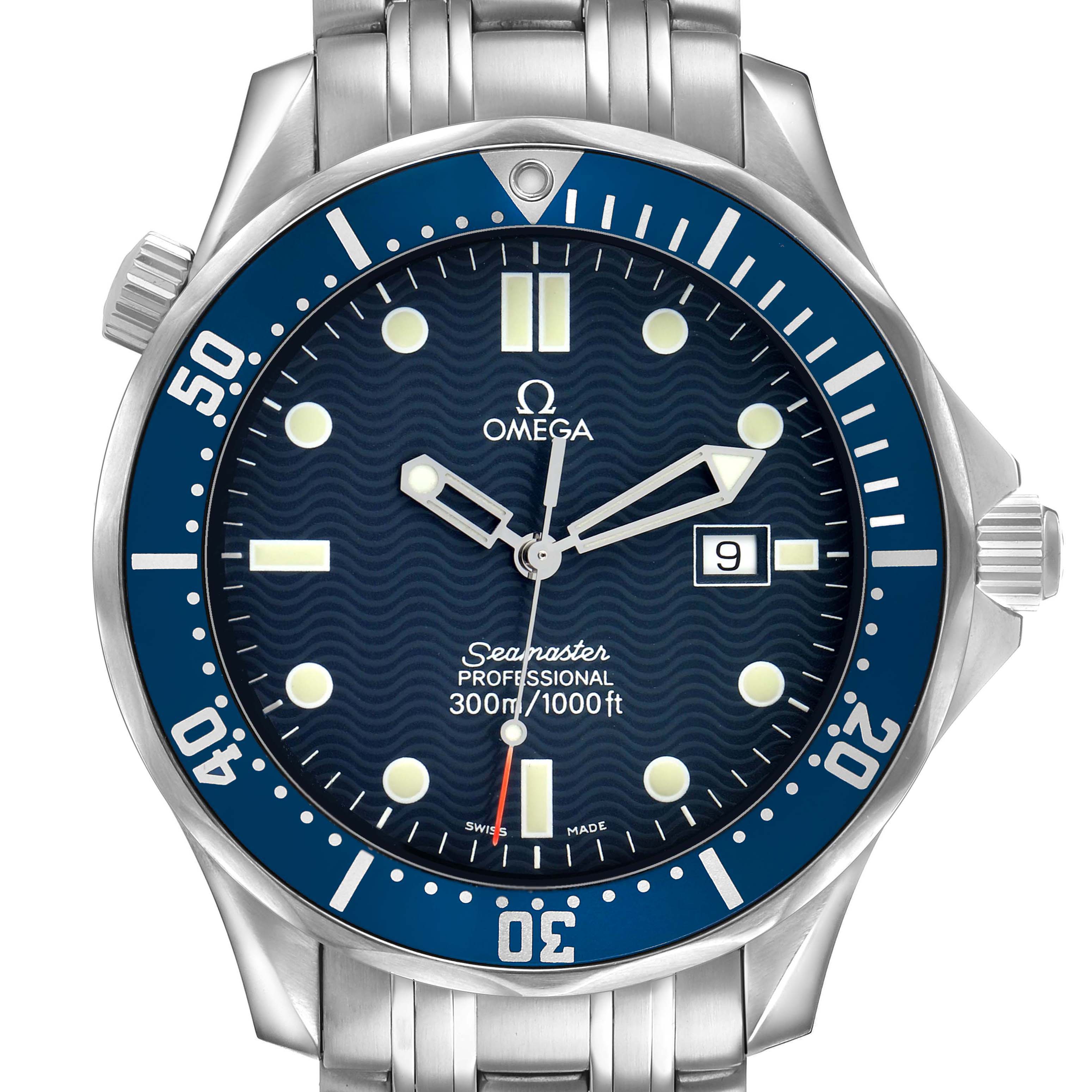 The Omega Seamaster 2541.80.00 Men's Stainless Steel Blue Dial watch is shown from the front, highlighting the dial, bezel, and stainless steel bracelet.