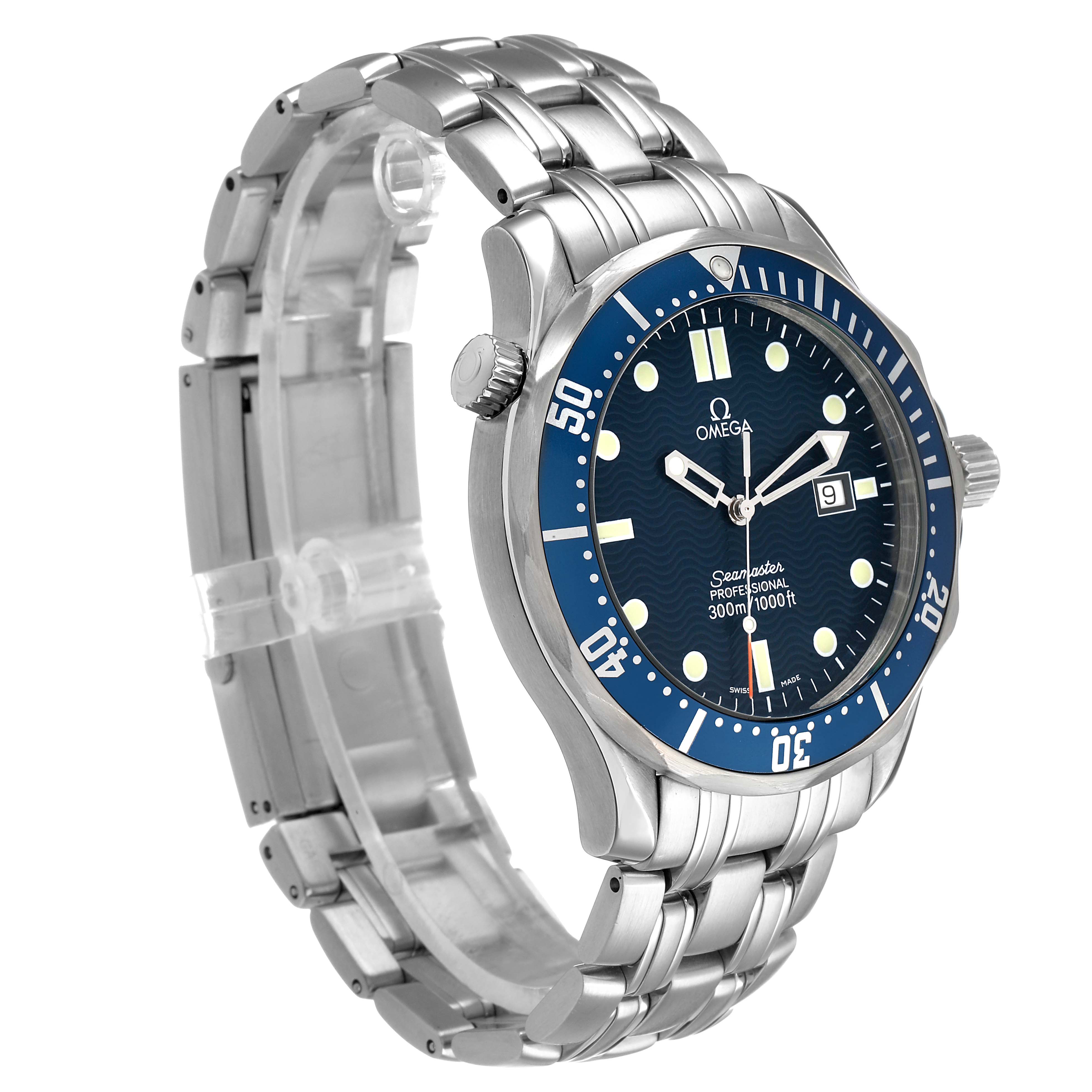 The Omega Seamaster 2541.80.00 Men's Stainless Steel Blue Dial watch is shown at a three-quarter angle, highlighting the bracelet, bezel, and dial.