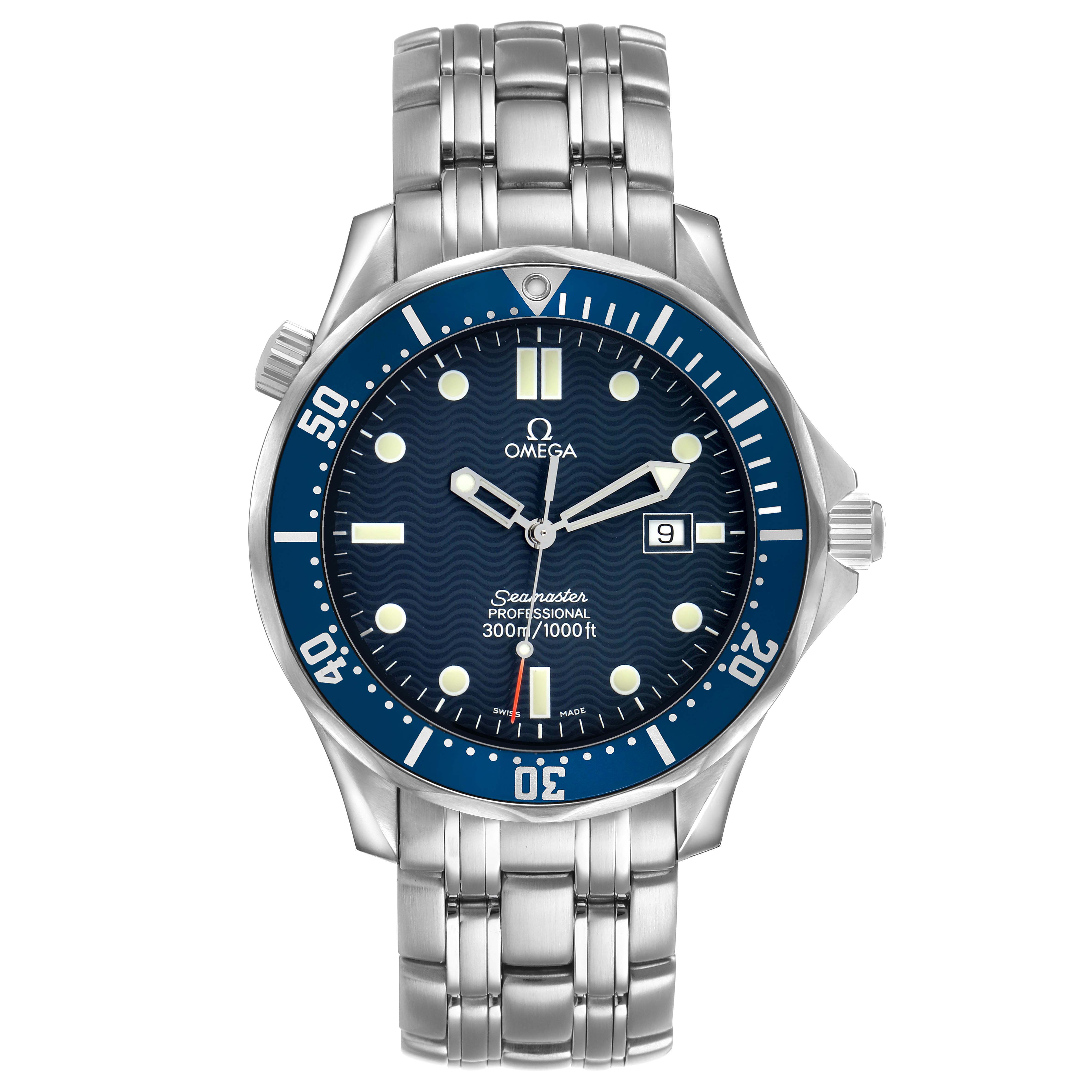 The Omega Seamaster 2541.80.00 Men's Stainless Steel Blue Dial watch is shown from a front angle, displaying its dial, bezel, and stainless steel bracelet.