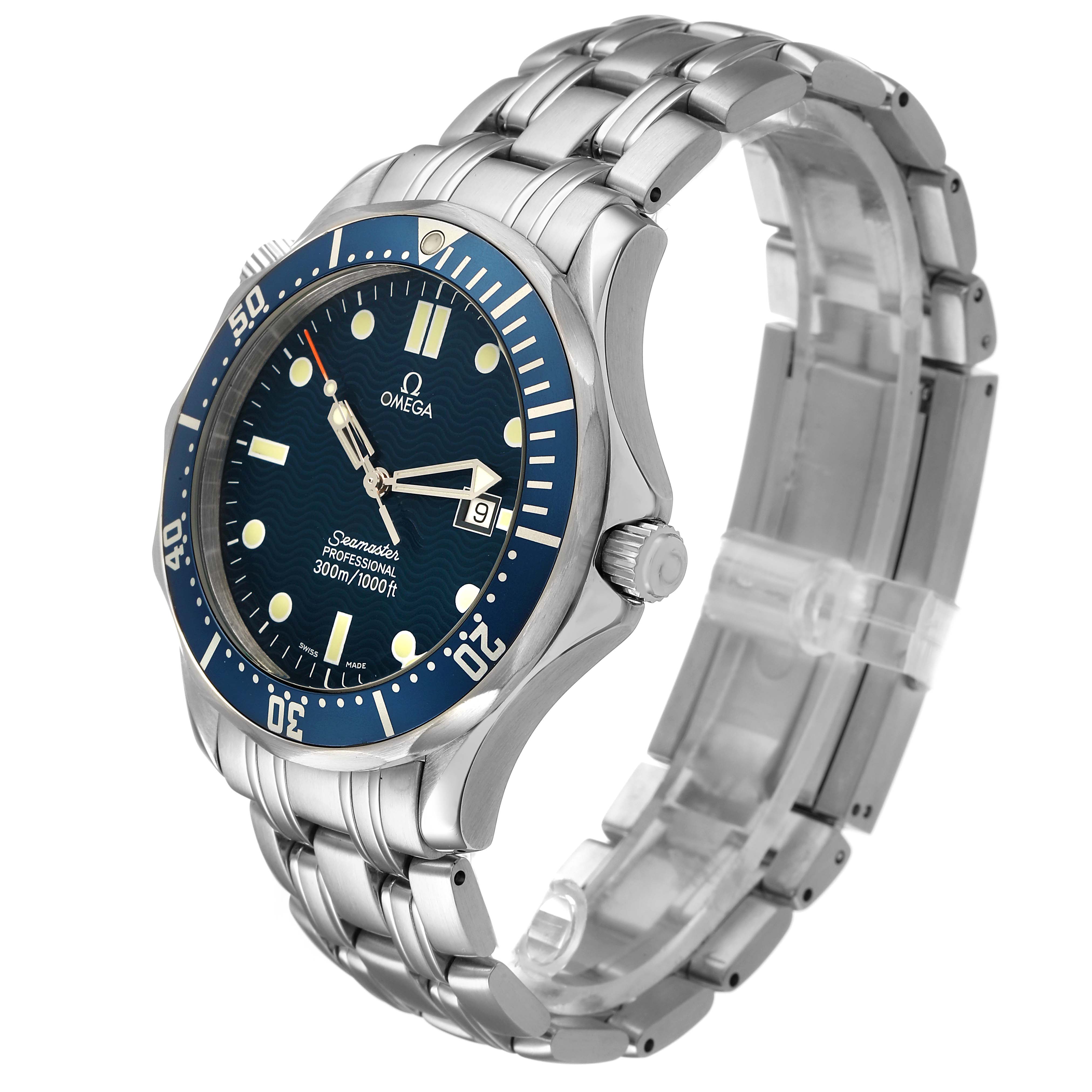 The Omega Seamaster 2541.80.00 Men's Stainless Steel Blue Dial watch is shown at a 3/4 angle, displaying the face, bezel, crown, and metal bracelet.