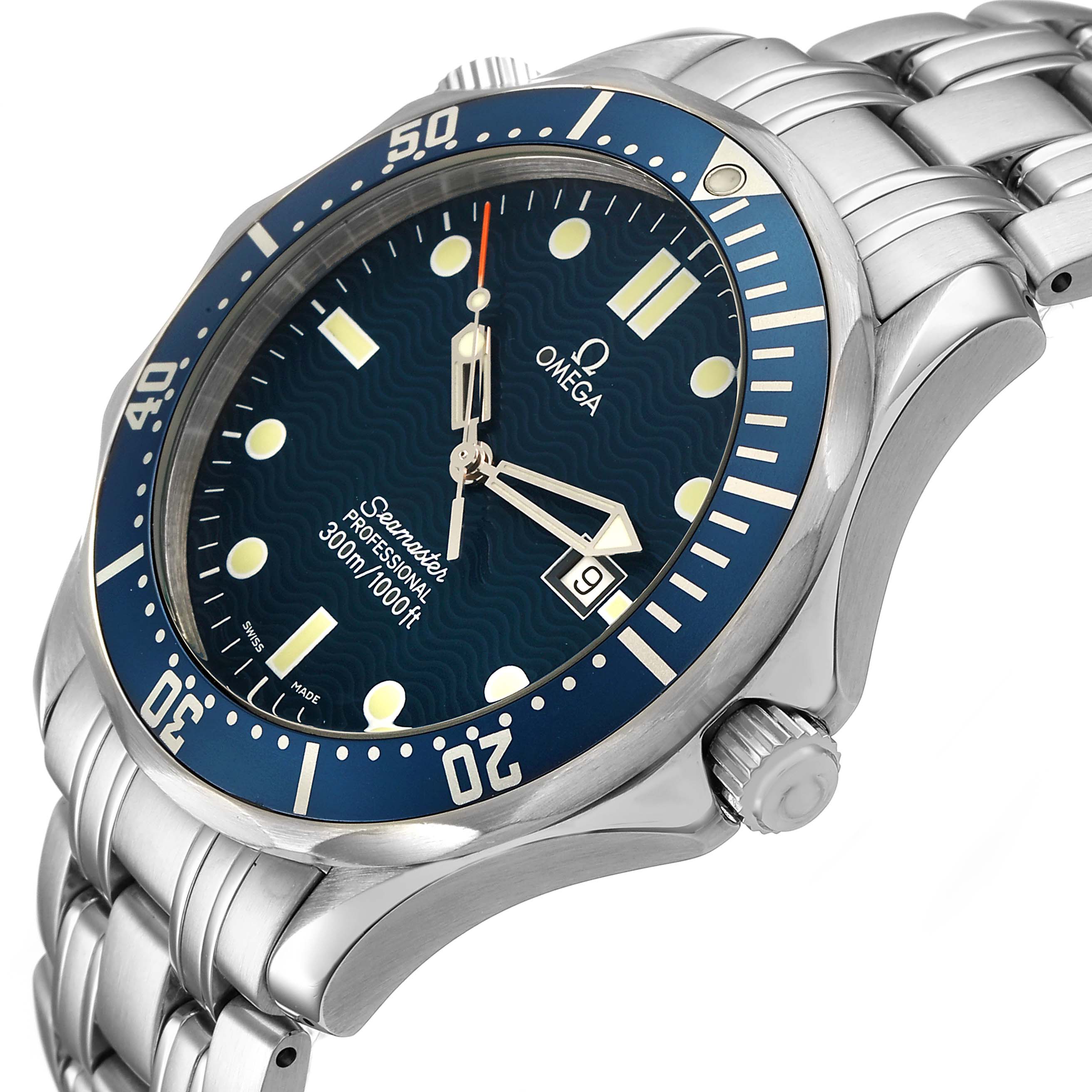 The Omega Seamaster 2541.80.00 Men's Stainless Steel Blue Dial watch is shown at a three-quarter angle, highlighting the dial, bezel, crown, and bracelet.