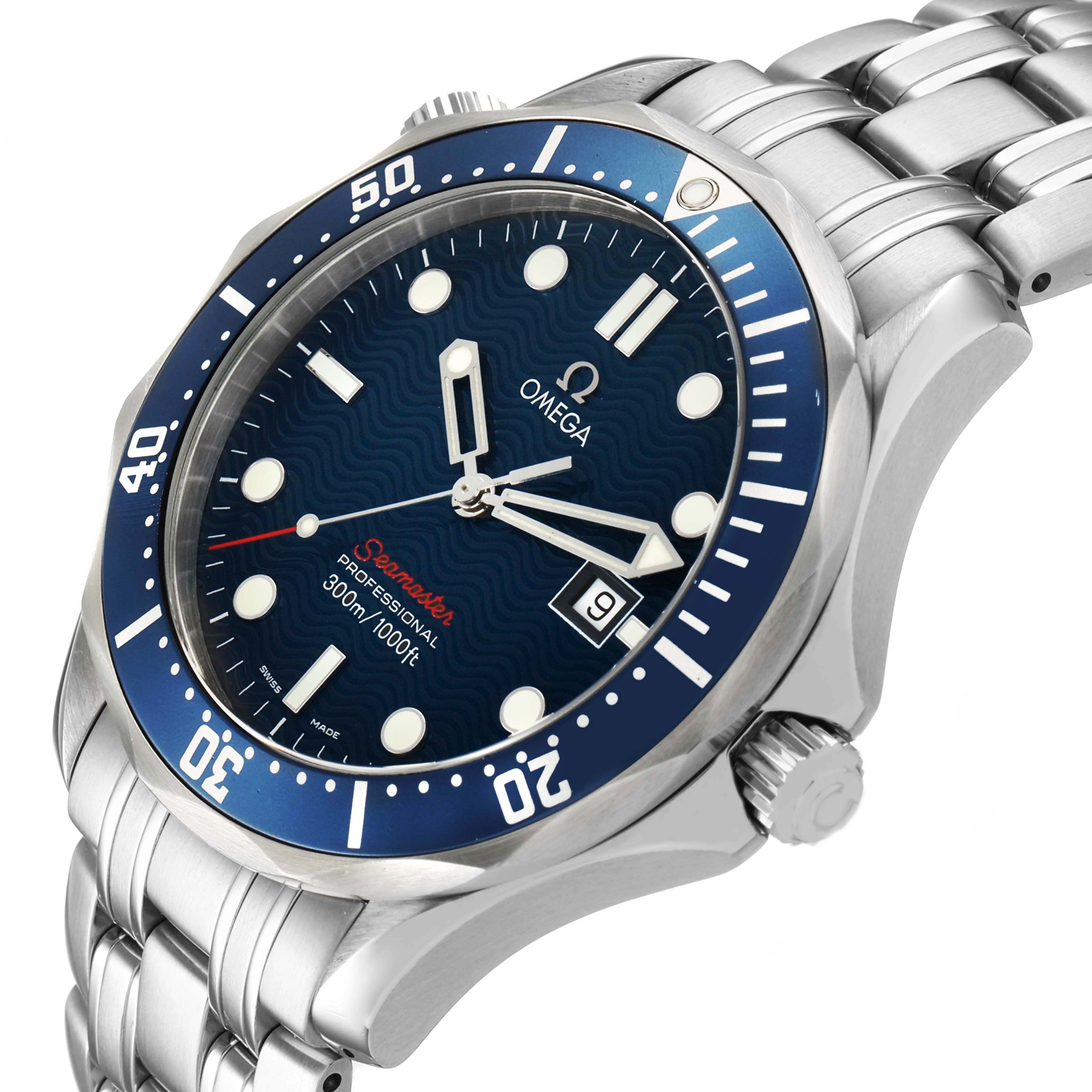 The Omega Seamaster 2221.80.00 Men's Stainless Steel Blue Dial watch is shown at an angle highlighting its blue dial, rotating bezel, and stainless steel bracelet.