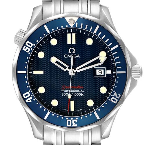 The Omega Seamaster 2221.80.00 Men's Stainless Steel Blue Dial watch is shown from a front angle, highlighting the face, bezel, and bracelet.