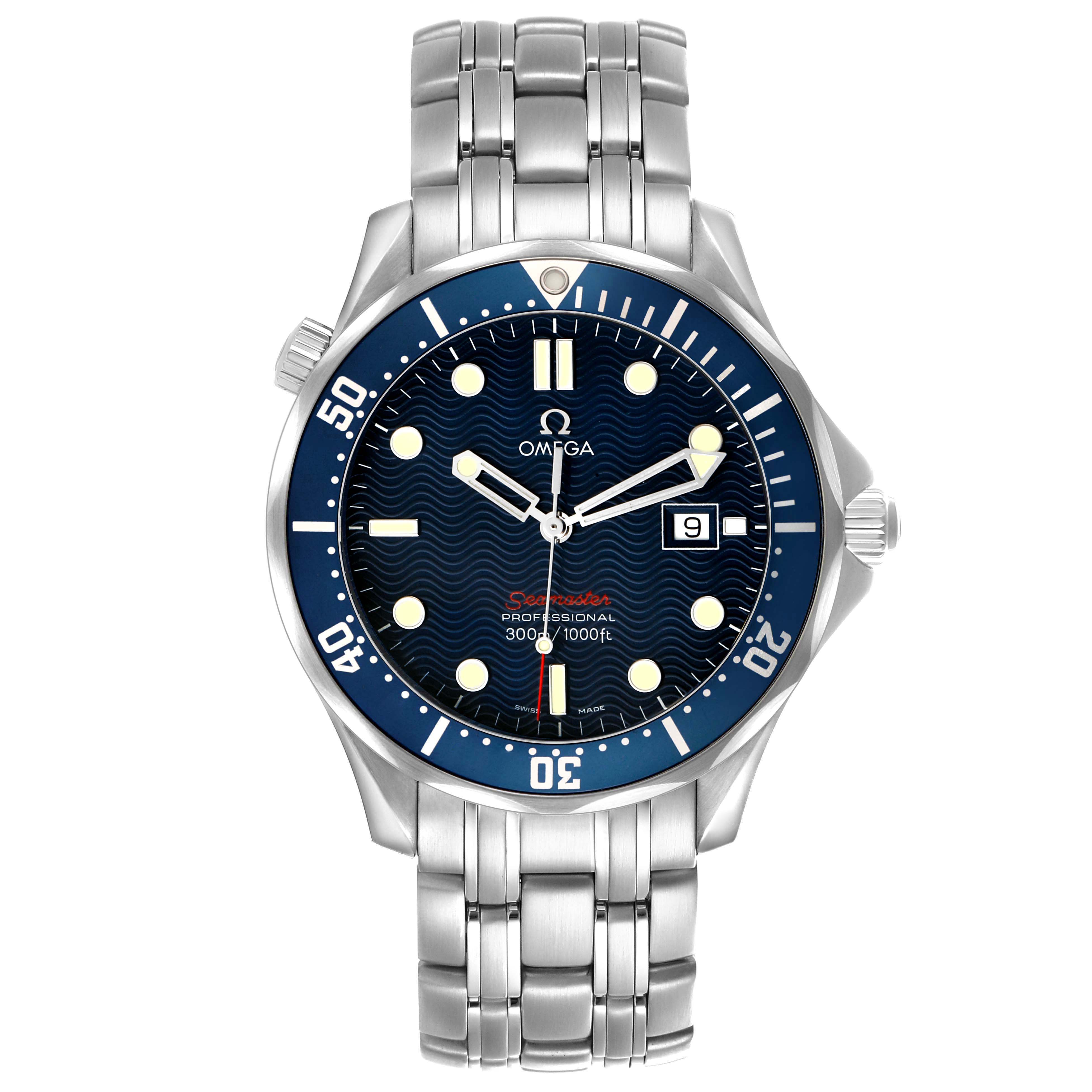 The Omega Seamaster 2221.80.00 Men's Stainless Steel Blue Dial watch is shown from the front, highlighting the dial, bezel, bracelet, and crown.