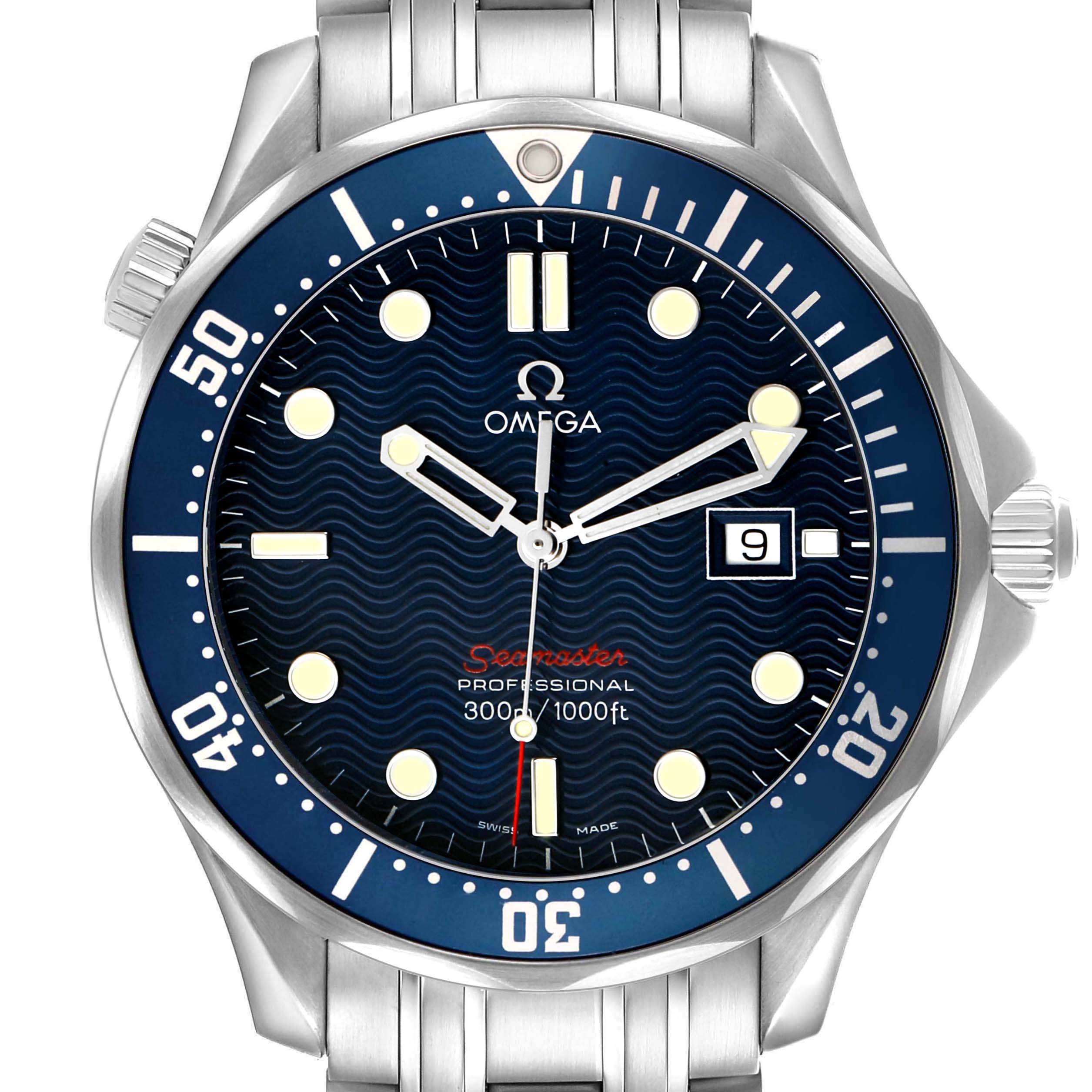 The Omega Seamaster 2221.80.00 Men's Stainless Steel Blue Dial watch is shown from the front, highlighting its dial, bezel, hands, date window, and bracelet.