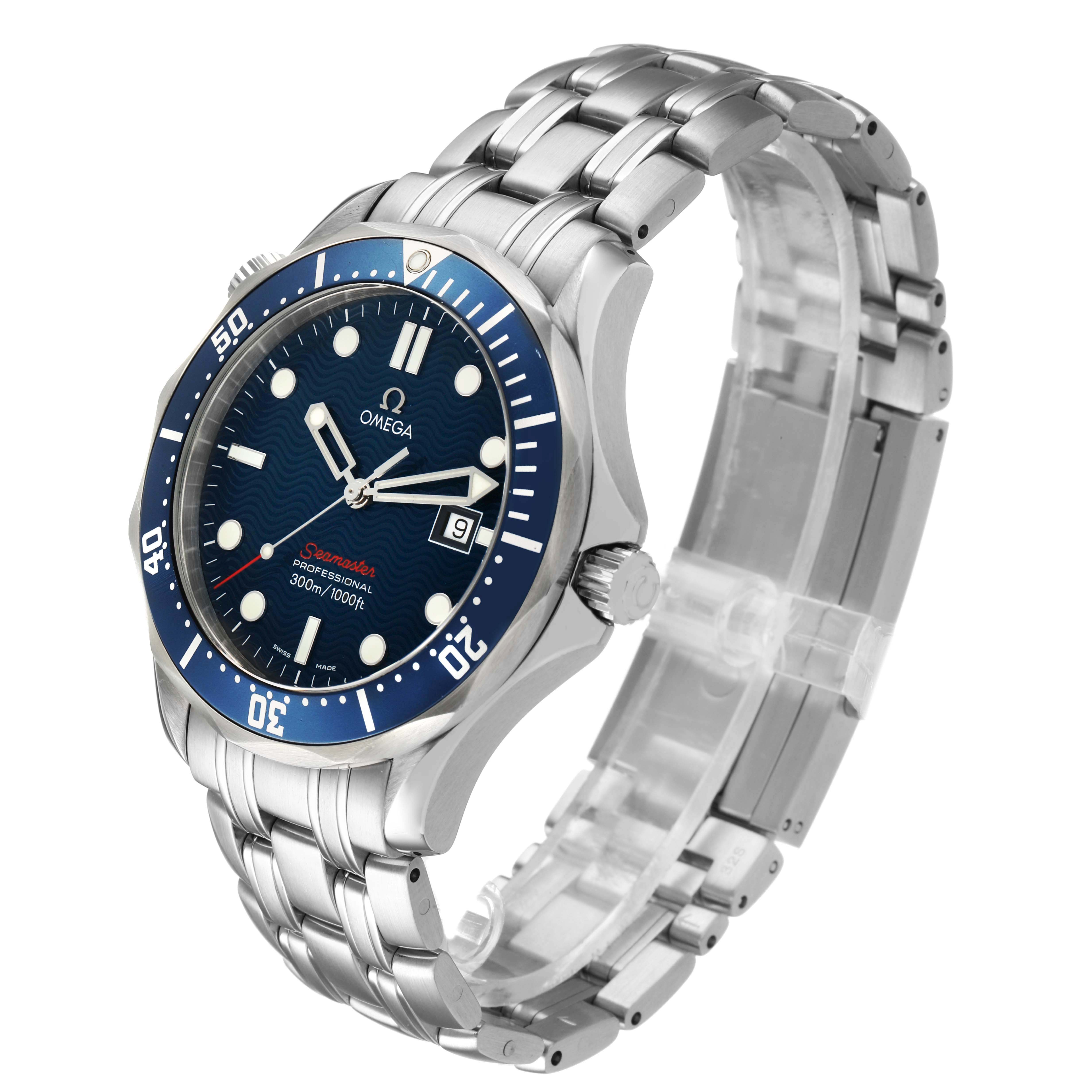 The Omega Seamaster 2221.80.00 Men's Stainless Steel Blue Dial watch is shown at a slight angle from above, displaying its face, bezel, and bracelet.