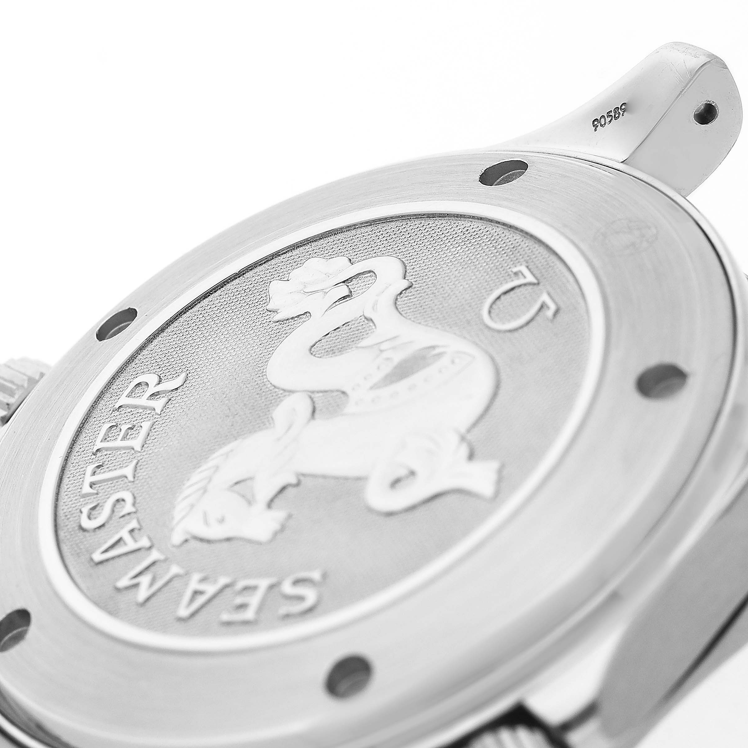 The image shows the back case of an Omega Seamaster 2221.80.00 Men's Stainless Steel Blue Dial watch, featuring the engraved logo and design details.