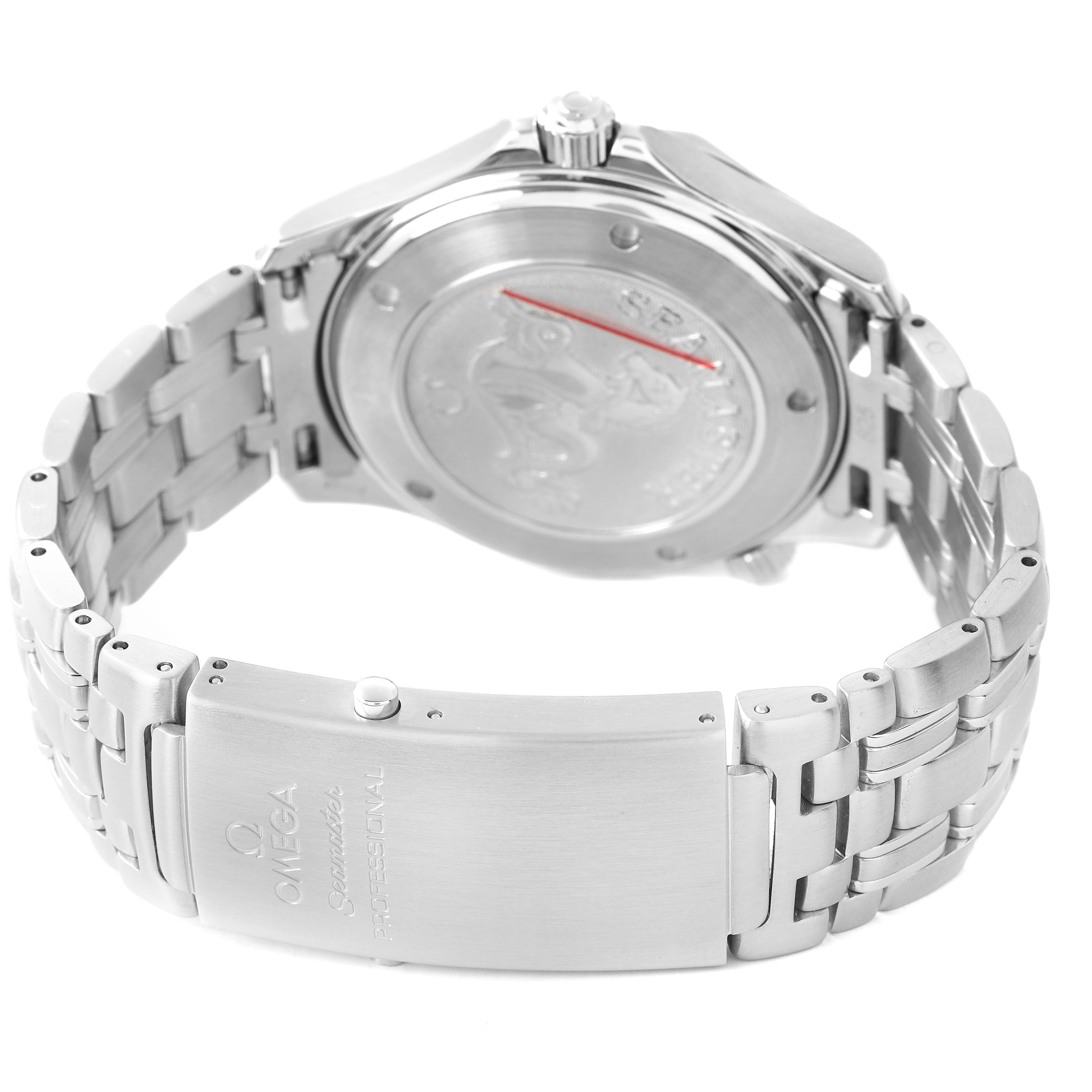 The image shows the back and clasp of an Omega Seamaster 2221.80.00 Men's Stainless Steel Blue Dial watch at an angle emphasizing the stainless steel bracelet and case back.