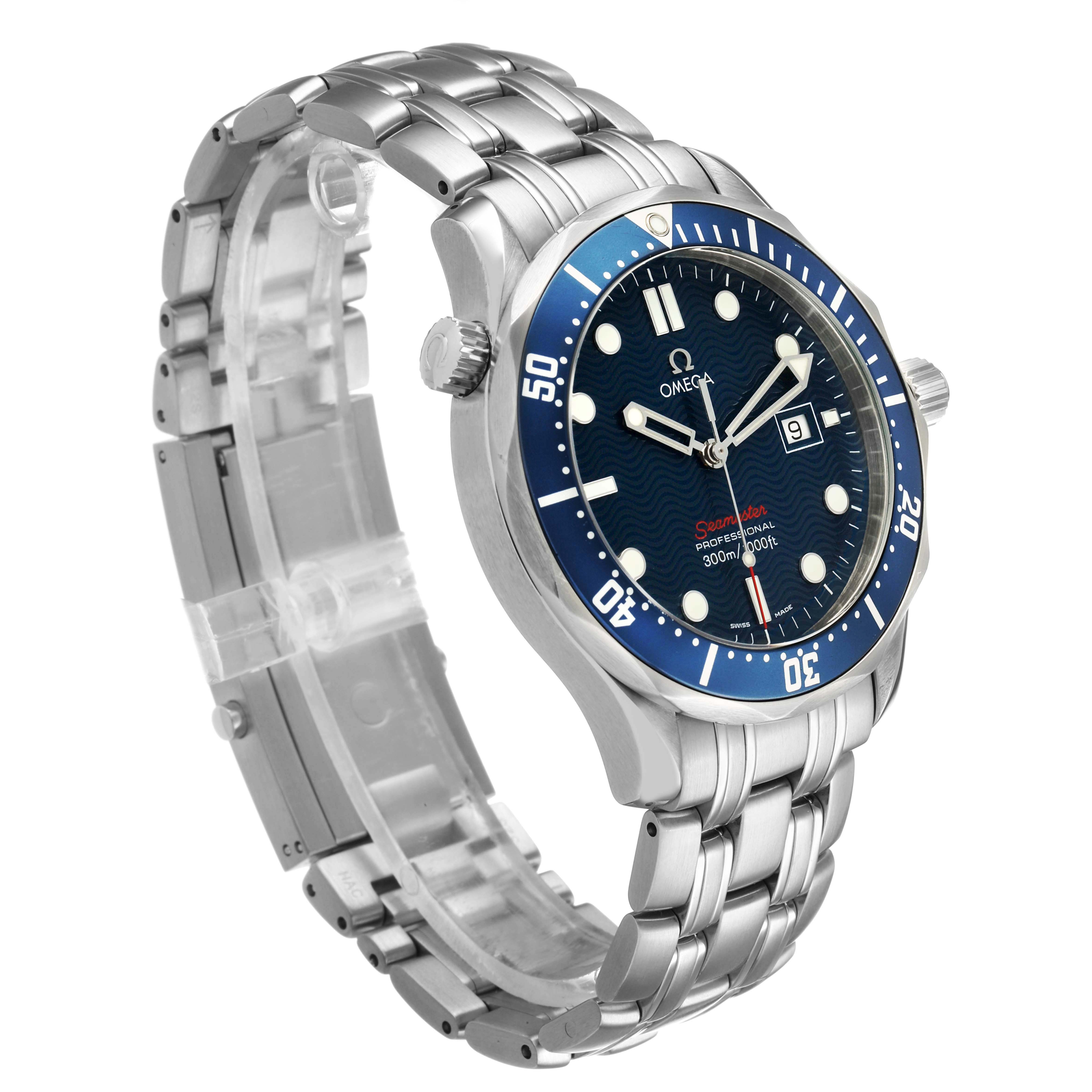 The Omega Seamaster 2221.80.00 Men's Stainless Steel Blue Dial watch is shown at a three-quarter angle, highlighting the face, bezel, bracelet, and crown.