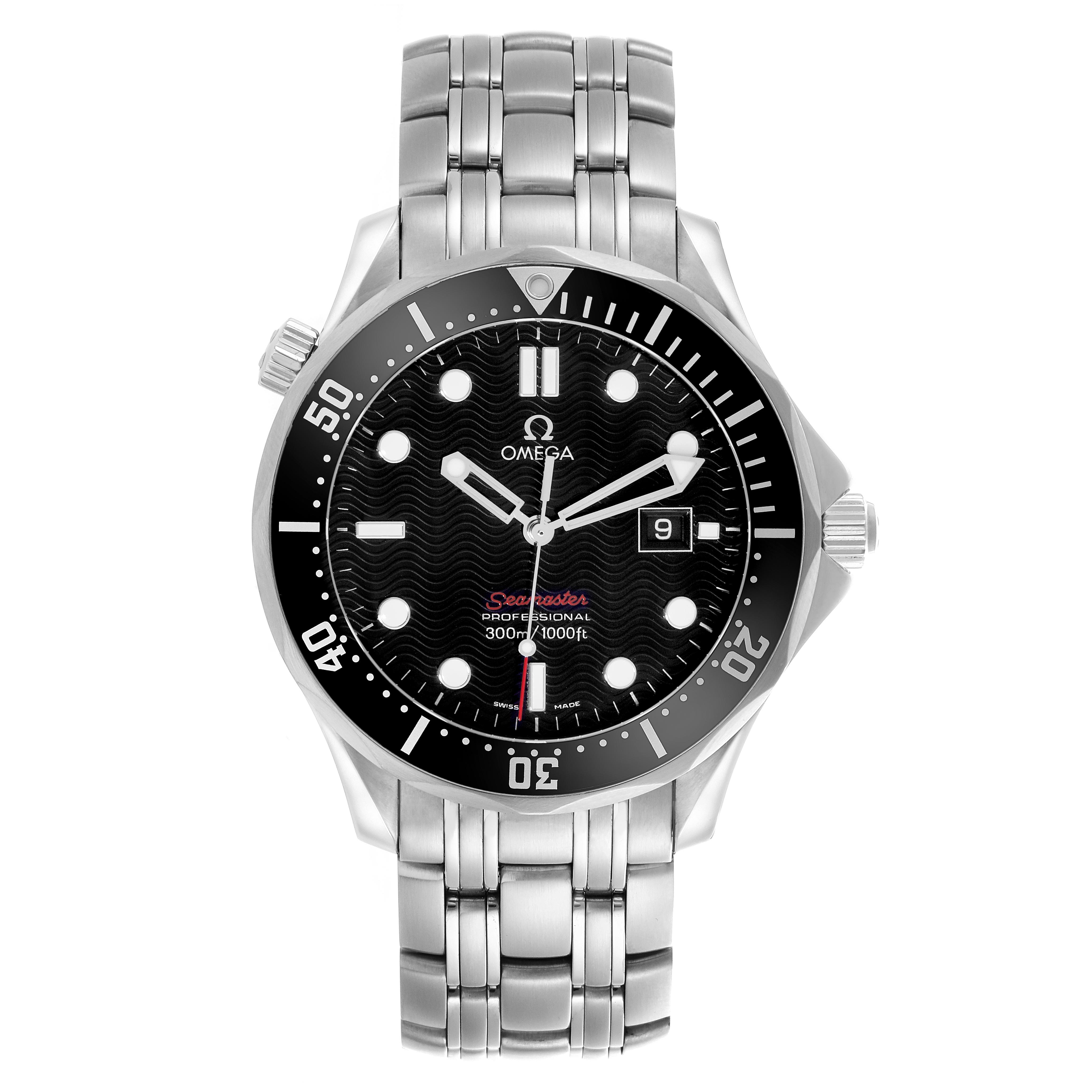 The Omega Seamaster 212.30.41.61.01.001 Men's Stainless Steel Black Dial 212.30.41.61.01.001 Men's Stainless Steel Black Dial watch is shown from a top-down angle, displaying the entire face, bezel, and stainless steel bracelet.