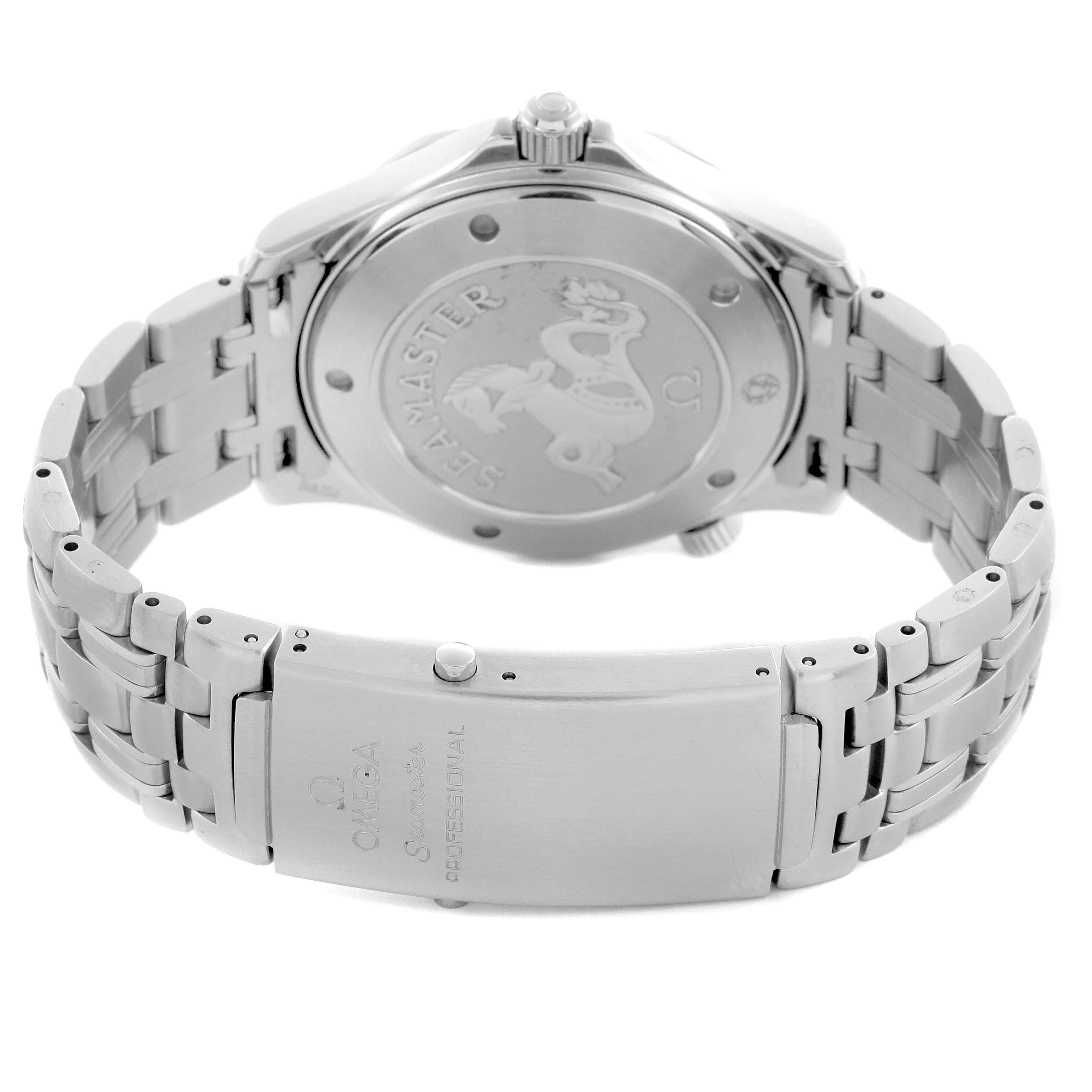 The Omega Seamaster 212.30.41.61.01.001 Men's Stainless Steel Black Dial 212.30.41.61.01.001 Men's Stainless Steel Black Dial watch is shown from the back, highlighting the caseback design and bracelet with clasp engraving.