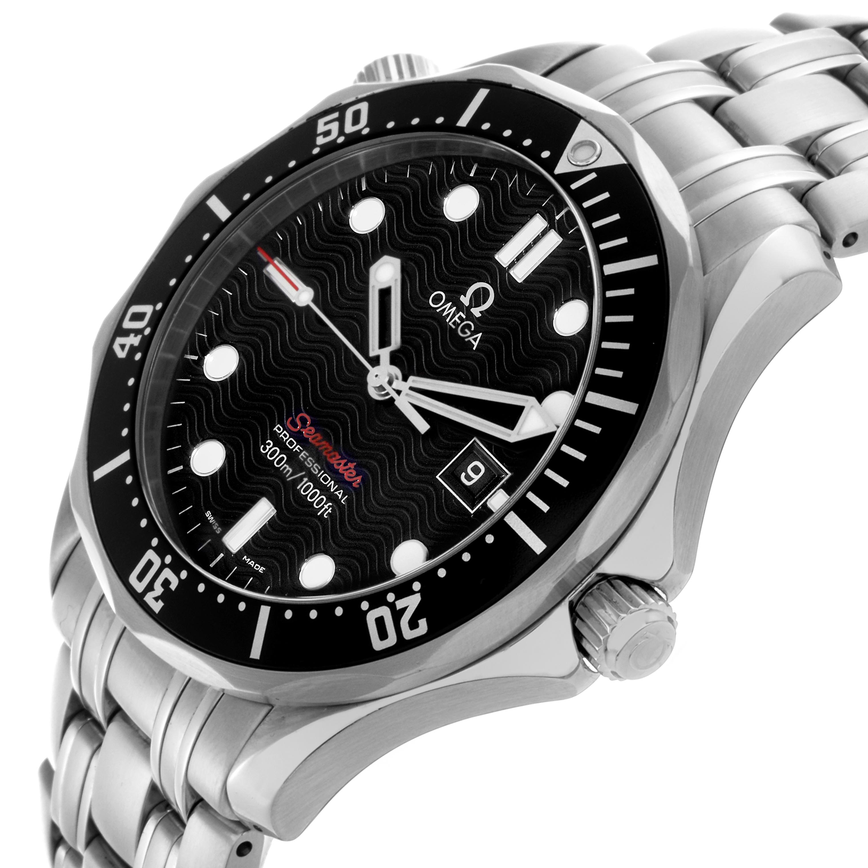 The Omega Seamaster 212.30.41.61.01.001 Men's Stainless Steel Black Dial 212.30.41.61.01.001 Men's Stainless Steel Black Dial watch is shown at an angled side view featuring the bezel, dial, hands, date window, crown, and bracelet.
