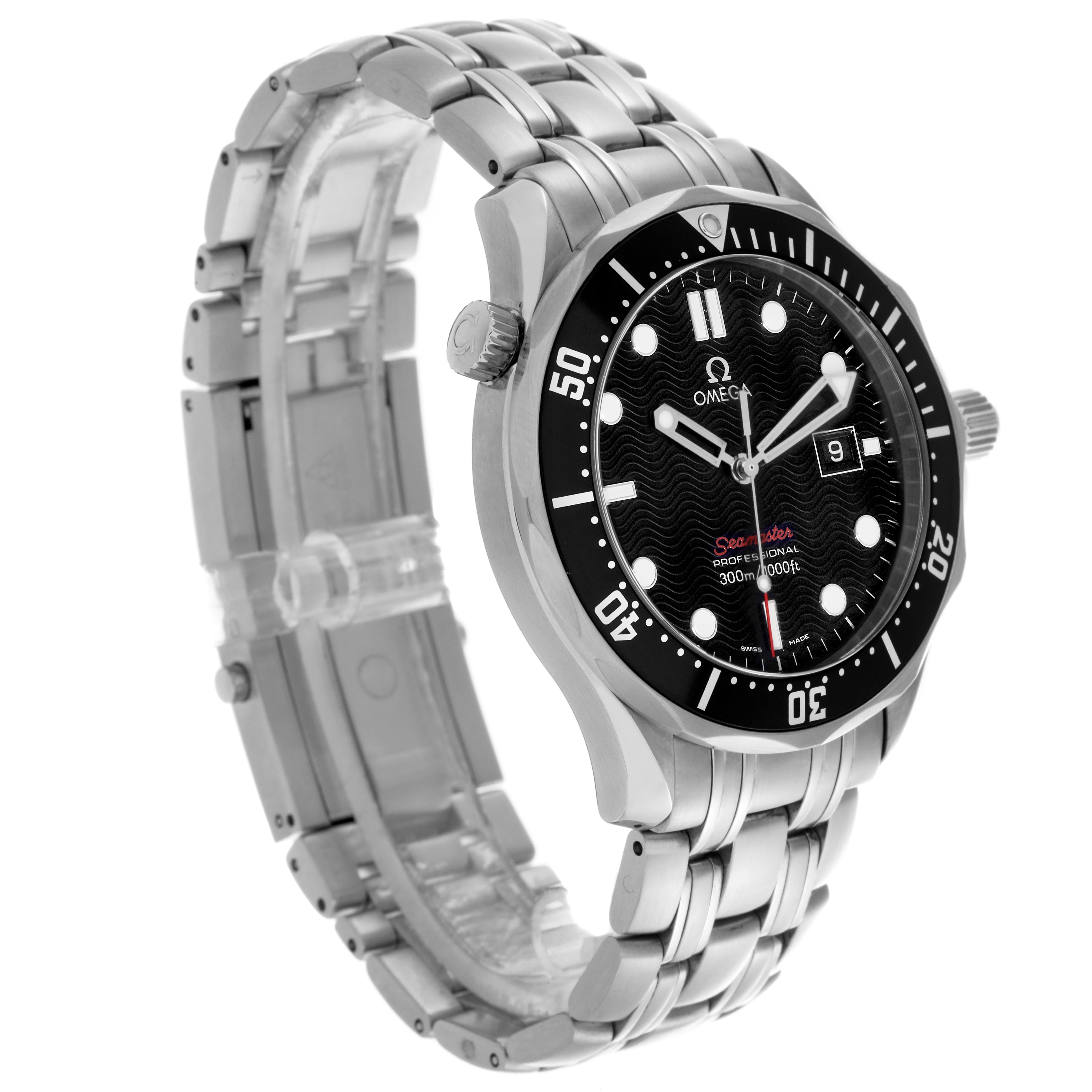 The image shows a side angle of an Omega Seamaster 212.30.41.61.01.001 Men's Stainless Steel Black Dial 212.30.41.61.01.001 Men's Stainless Steel Black Dial, highlighting the bracelet, bezel, dial, and crown.
