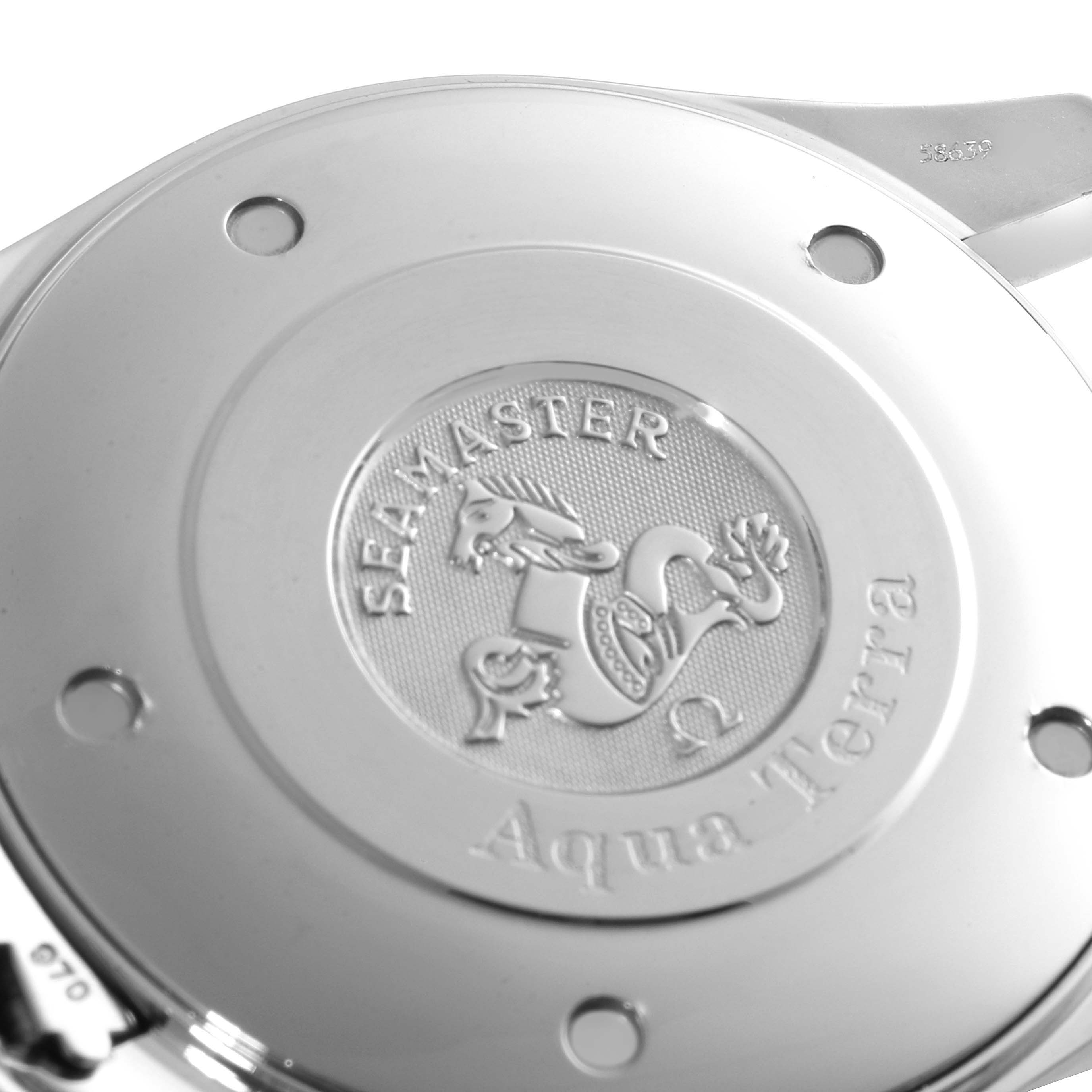 This is a close-up view of the back case of an Omega Seamaster Aqua Terra watch.