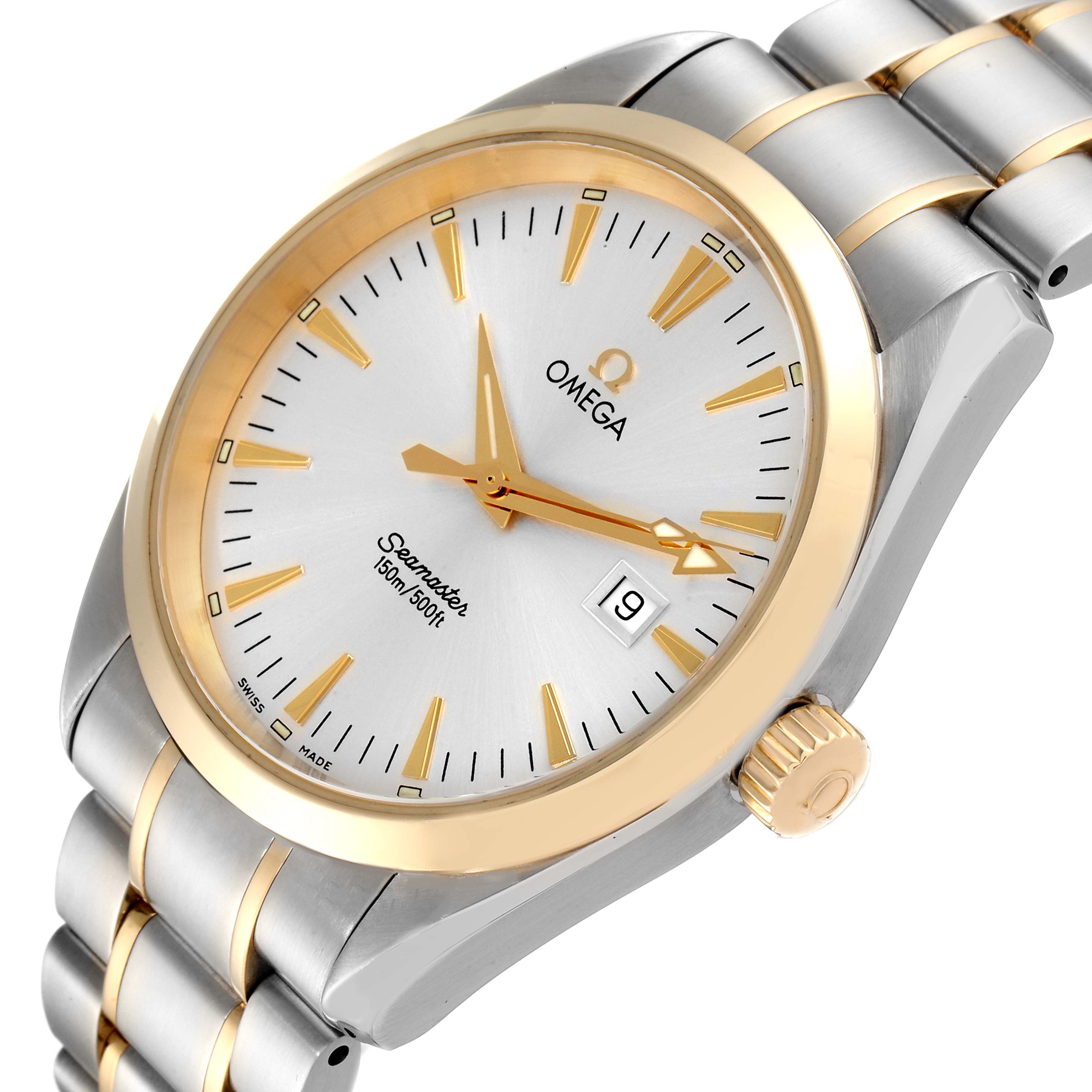 The image shows an angled view of the Omega Aqua Terra 2317.30.00 Men's Steel and Gold (two tone) Silver Dial 2317.30.00 Men's Steel and Gold (two tone) Silver Dial watch, highlighting the face, bezel, crown, and bracelet.