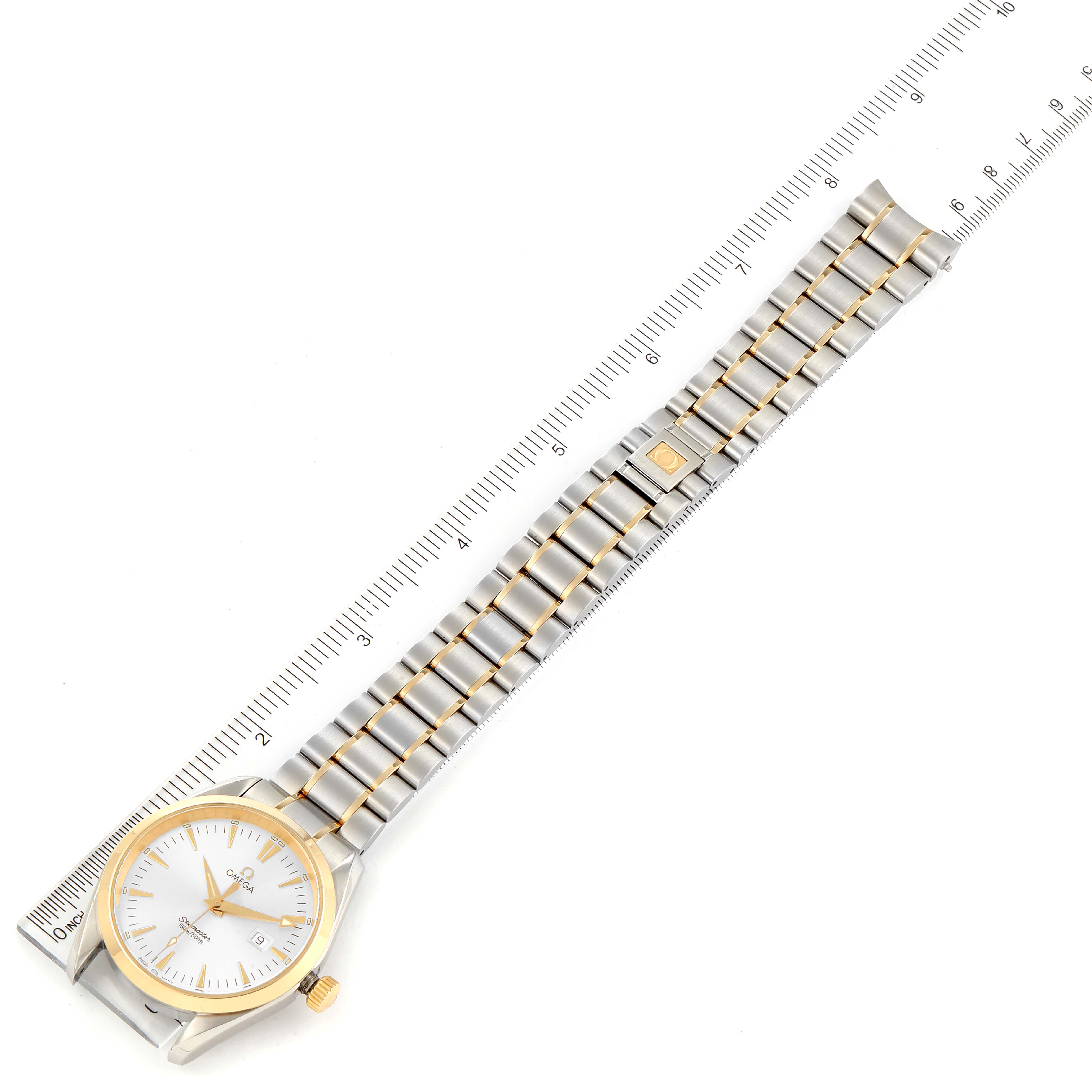 The Omega Aqua Terra 2317.30.00 Men's Steel and Gold (two tone) Silver Dial 2317.30.00 Men's Steel and Gold (two tone) Silver Dial watch is shown from an overhead angle, displaying its stainless steel and gold bracelet and face.