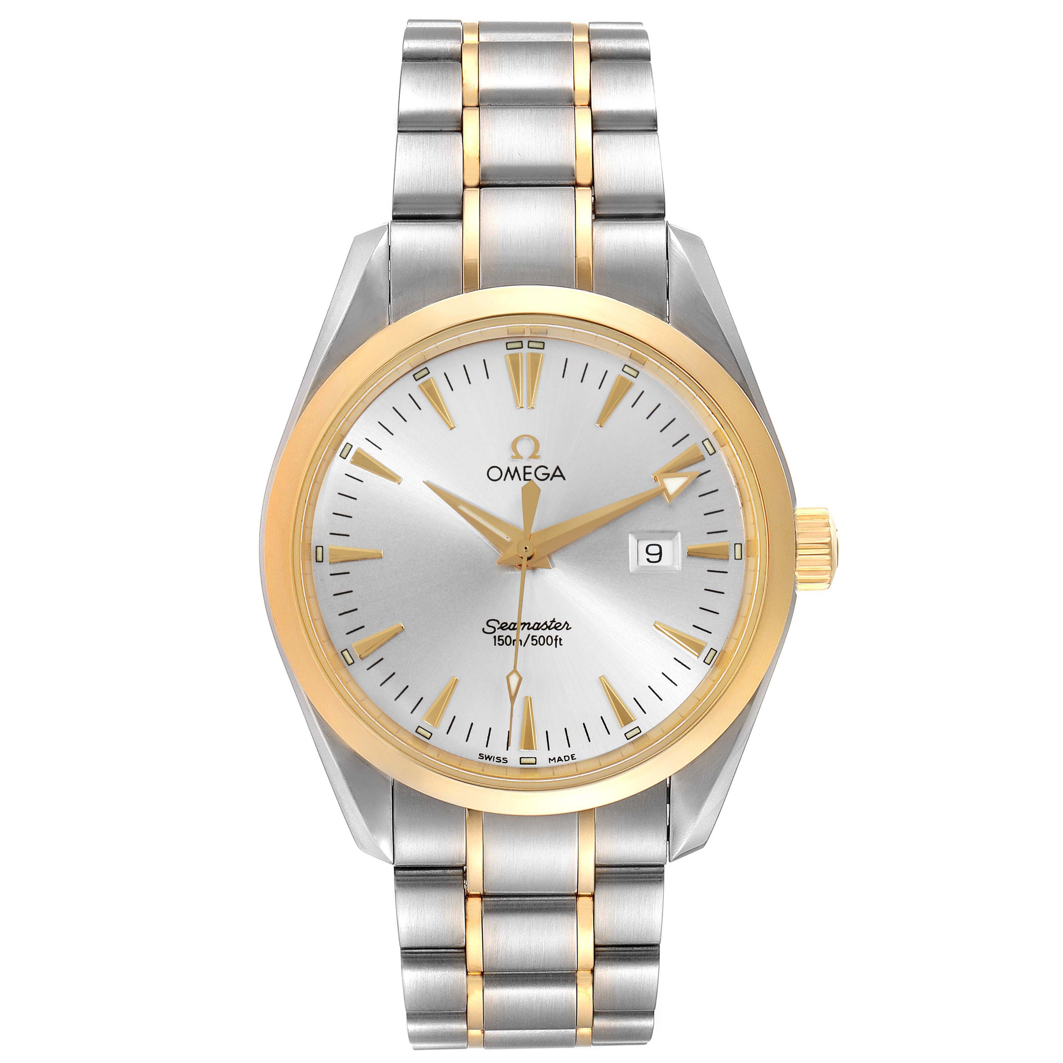 The image shows the full front view of the Omega Aqua Terra 2317.30.00 Men's Steel and Gold (two tone) Silver Dial 2317.30.00 Men's Steel and Gold (two tone) Silver Dial watch, including its face, band, and crown.