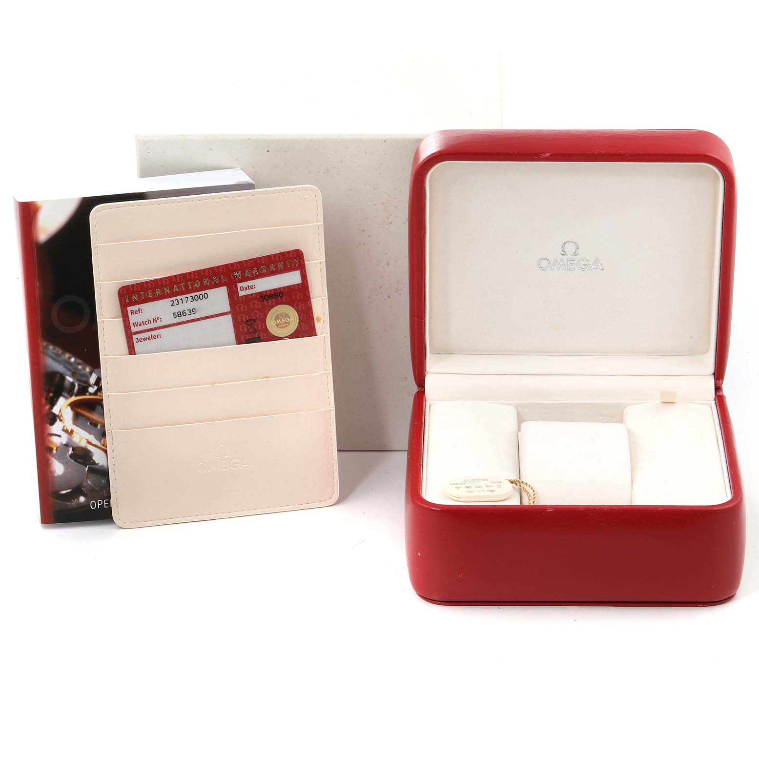 The image shows an Omega Aqua Terra 2317.30.00 Men's Steel and Gold (two tone) Silver Dial 2317.30.00 Men's Steel and Gold (two tone) Silver Dial watch box, warranty card pouch, and a booklet from a front angle.